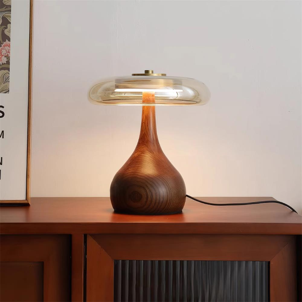 Lámpara de Mesa de Vidrio con Base de Madera y Acabado en Latón – Diseño Moderno para Mesita de Noche y Escritorio 0