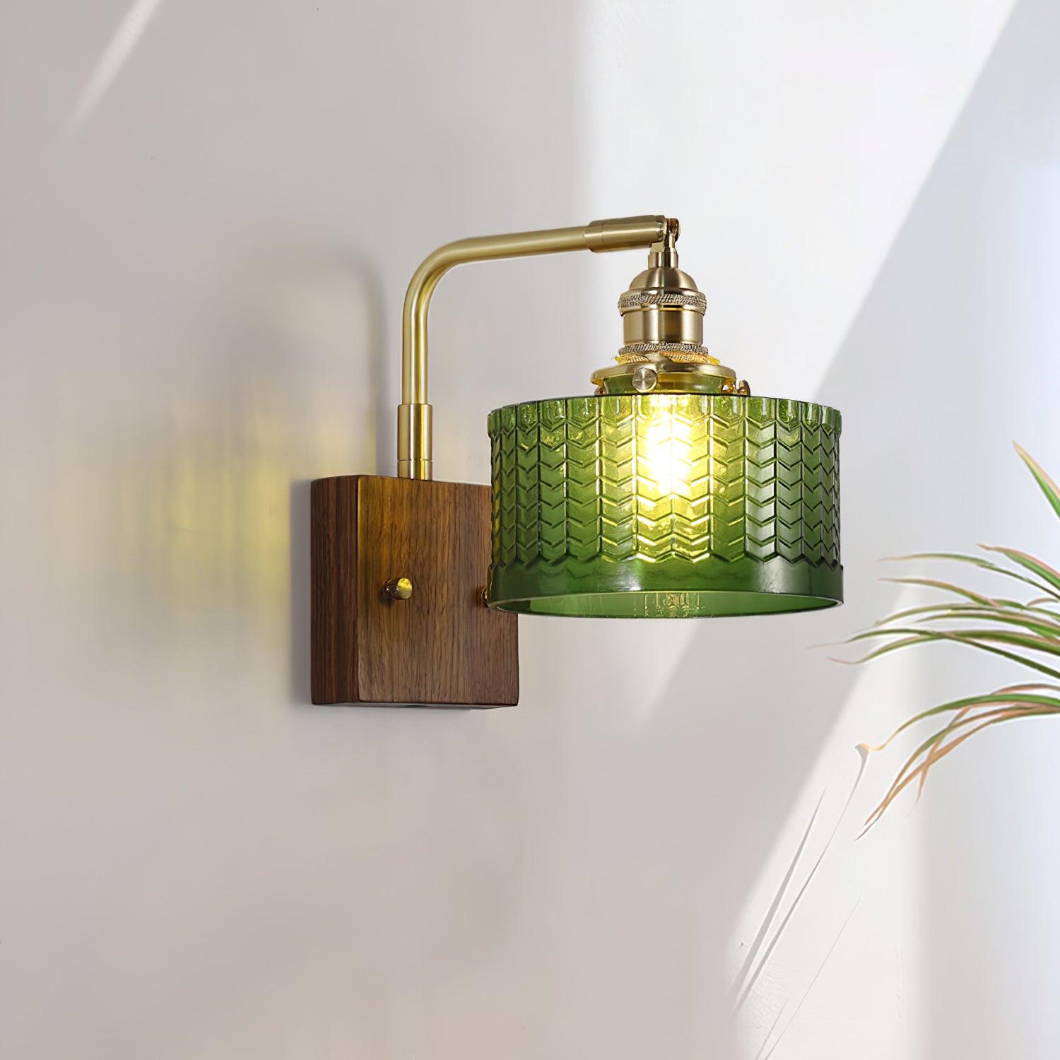 Lámpara de Pared Camela de Vidrio Artístico y Base de Madera, Aplique Pared Elegante para Iluminación Interior 0