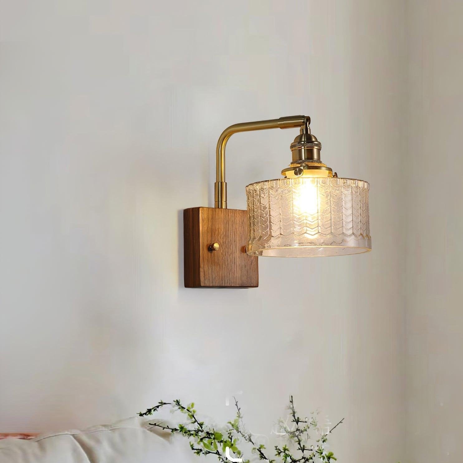 Lámpara de Pared Camela de Vidrio Artístico y Base de Madera, Aplique Pared Elegante para Iluminación Interior 1