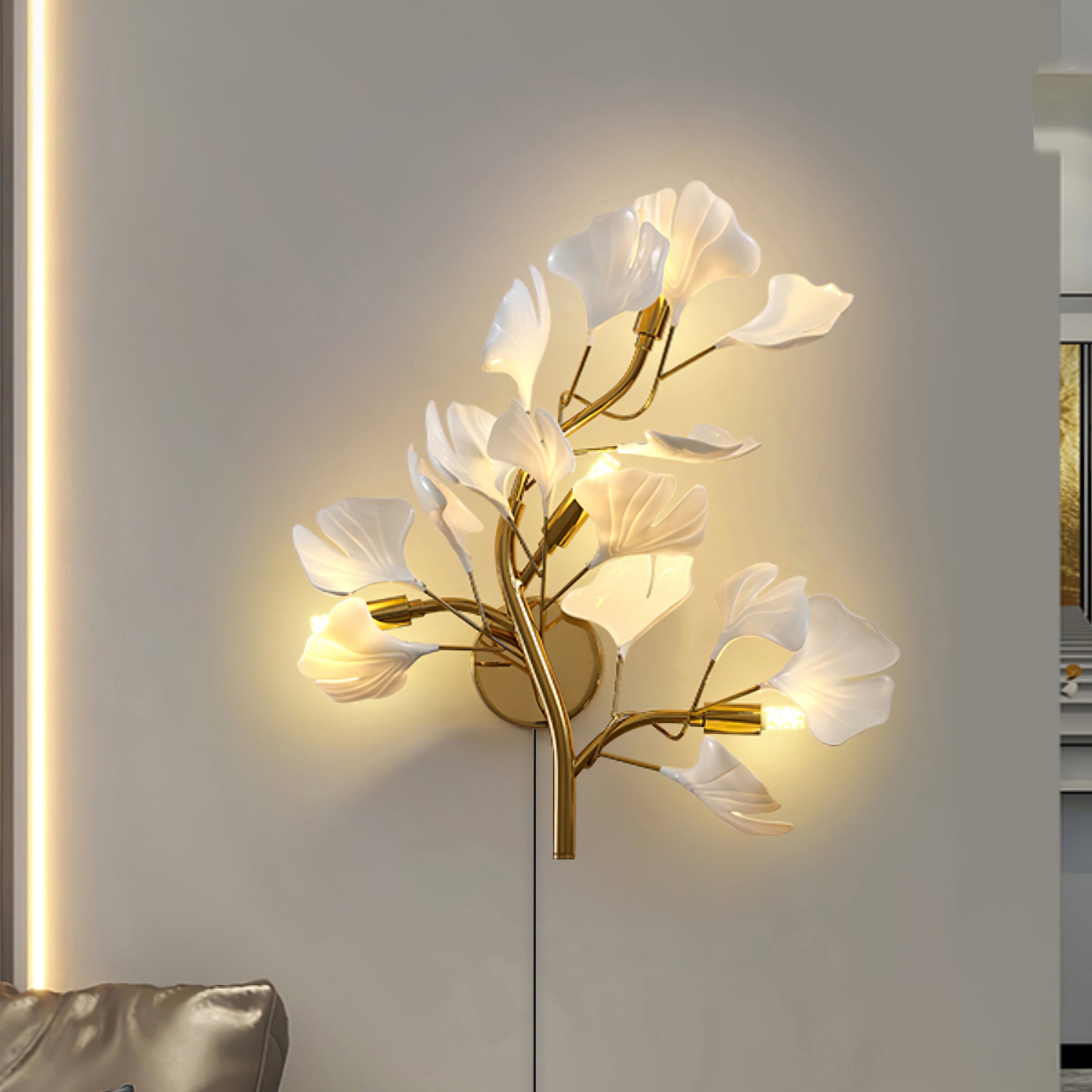 Lámpara de Pared Ginkgo Neiman con Diseño Orgánico y Luz Ambiental - Oro y Blanco 6