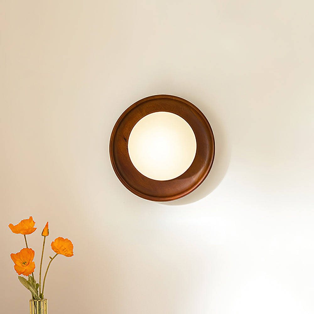 Lámpara de Pared Redonda de Madera con Difusor de Cristal – Iluminación Moderna para Interiores 0