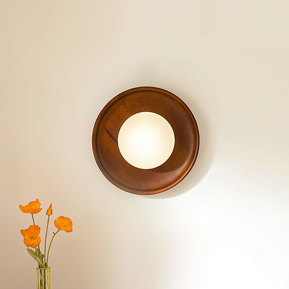 Lámpara de Pared Redonda de Madera con Difusor de Cristal – Iluminación Moderna para Interiores 3