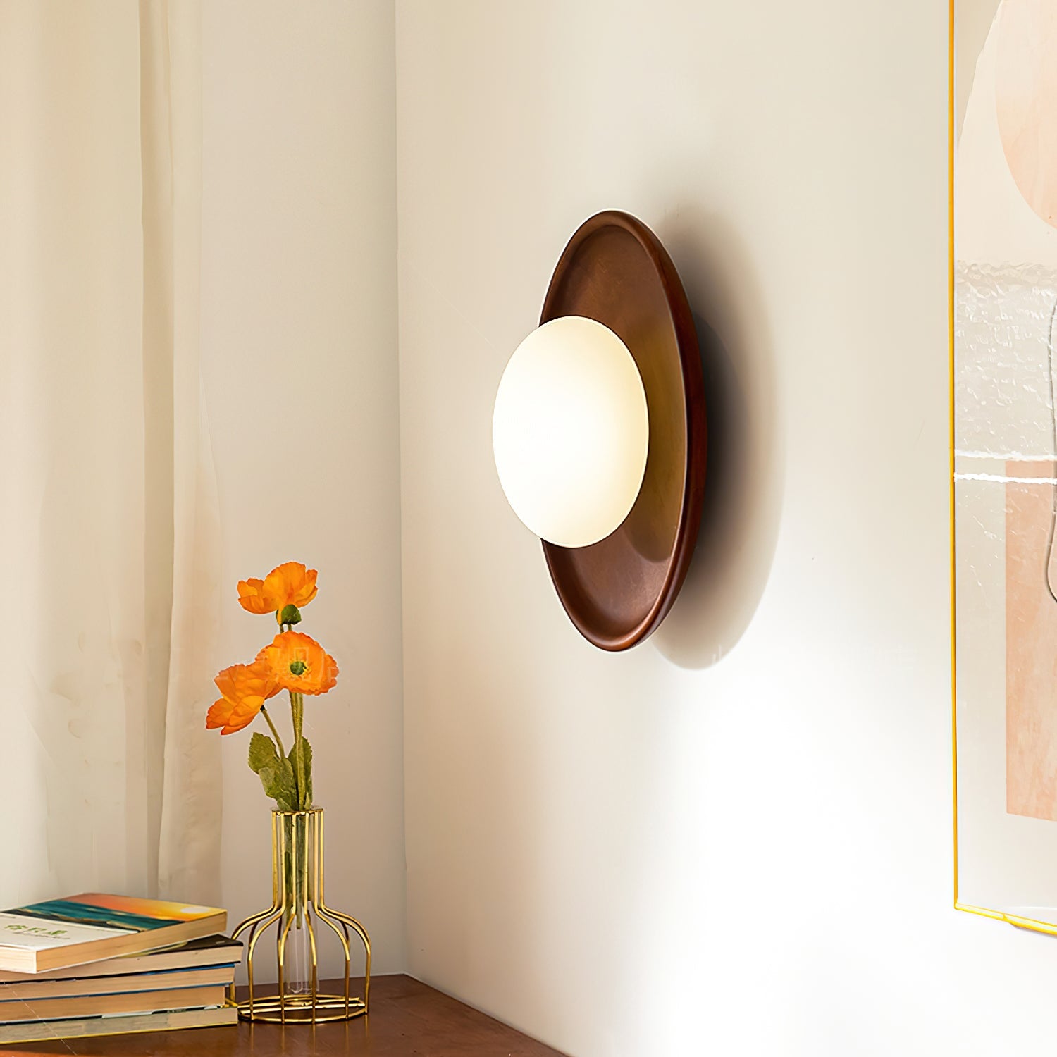 Lámpara de Pared Redonda de Madera con Difusor de Cristal – Iluminación Moderna para Interiores 7