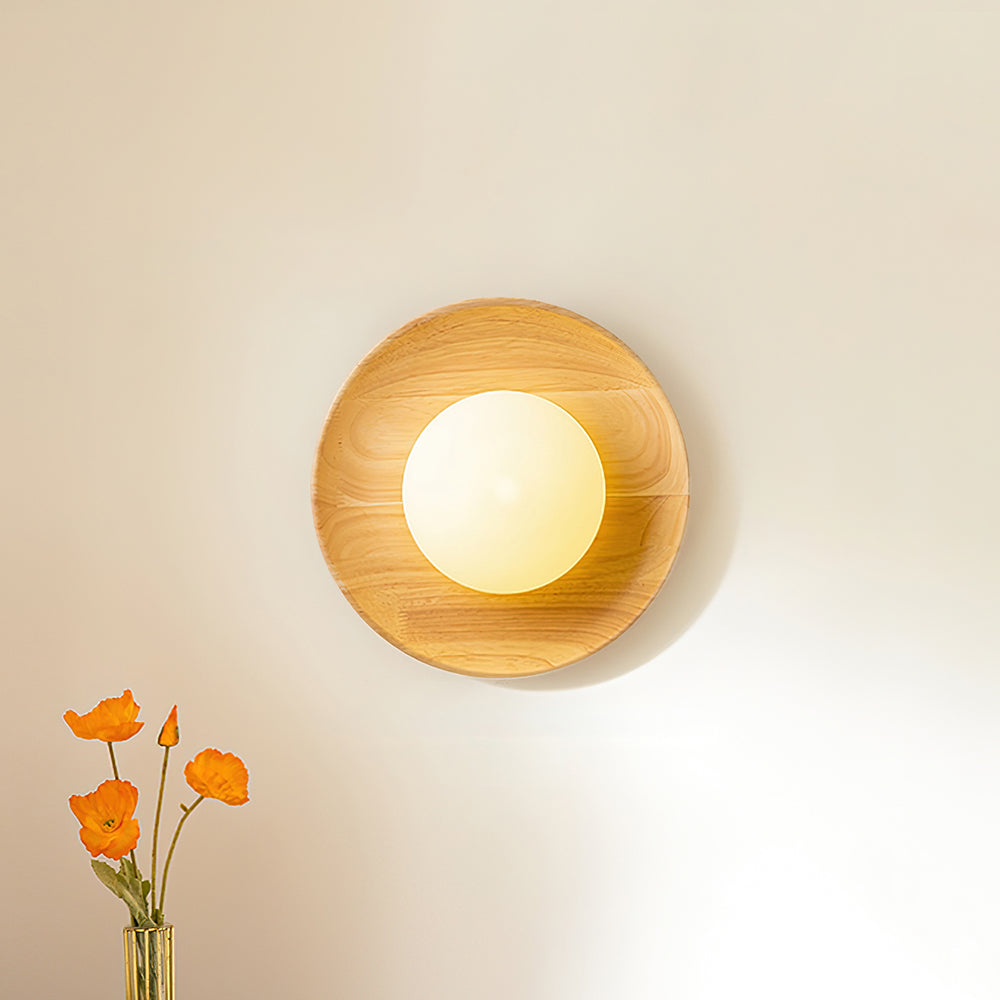 Lámpara de Pared Redonda de Madera con Difusor de Cristal – Iluminación Moderna para Interiores 9