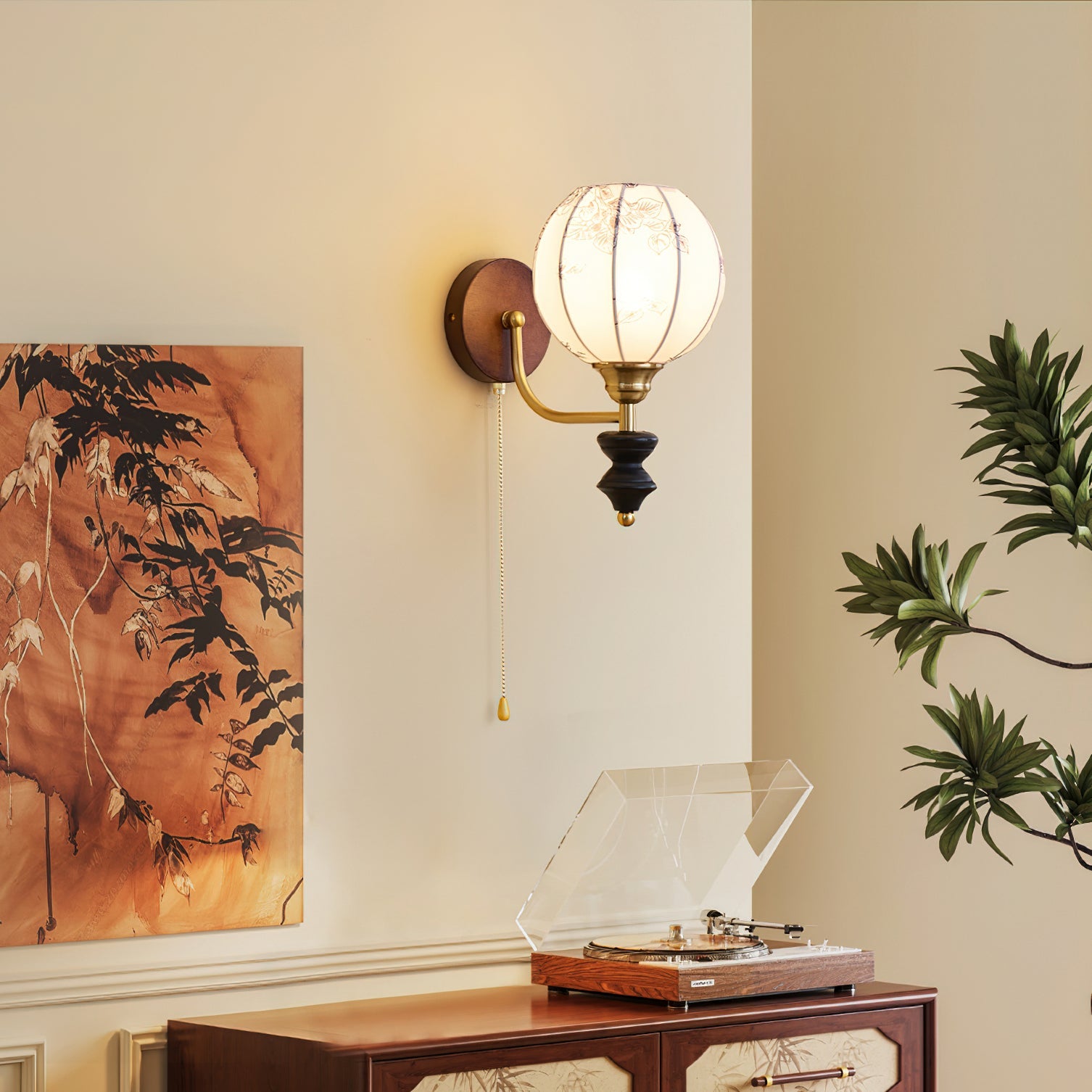 Lámpara de Pared Vintage Celine de Madera Natural con Pantalla de Tela 4