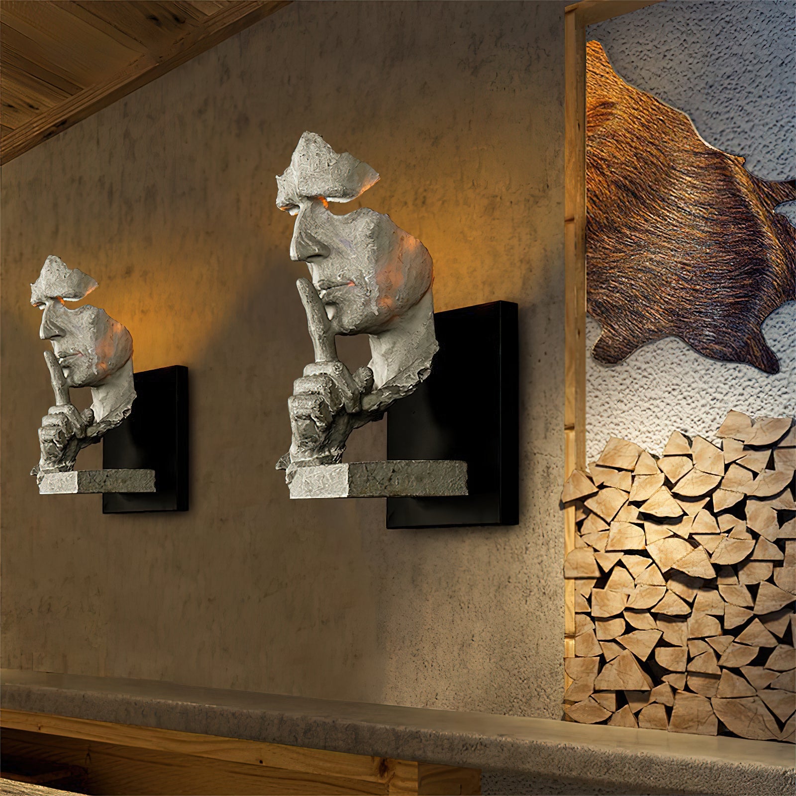 Lámpara de Pared de Hierro con Diseño de Rostro Humano – Estilo Industrial, Color Negro, Blanco y Bronce 2