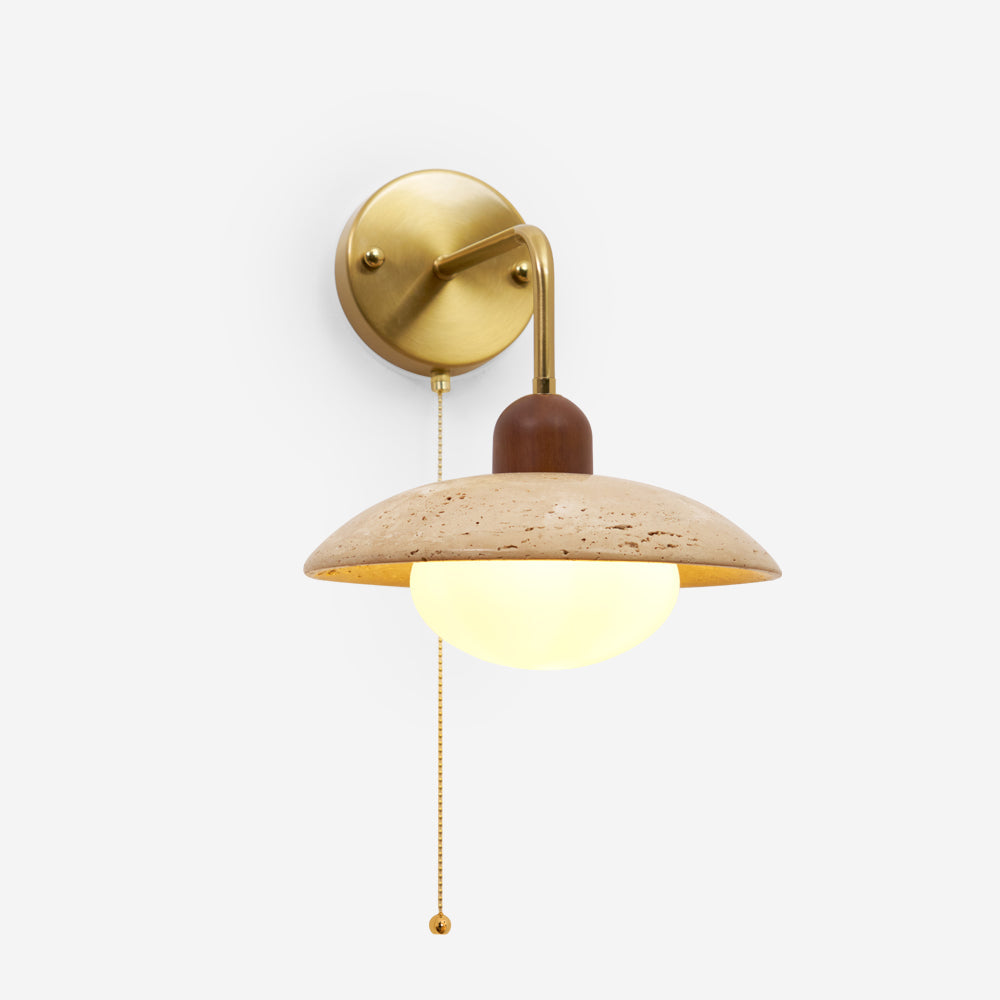Lámpara de Pared de Travertino Amarillo con Brazo de Latón y Base de Madera 1