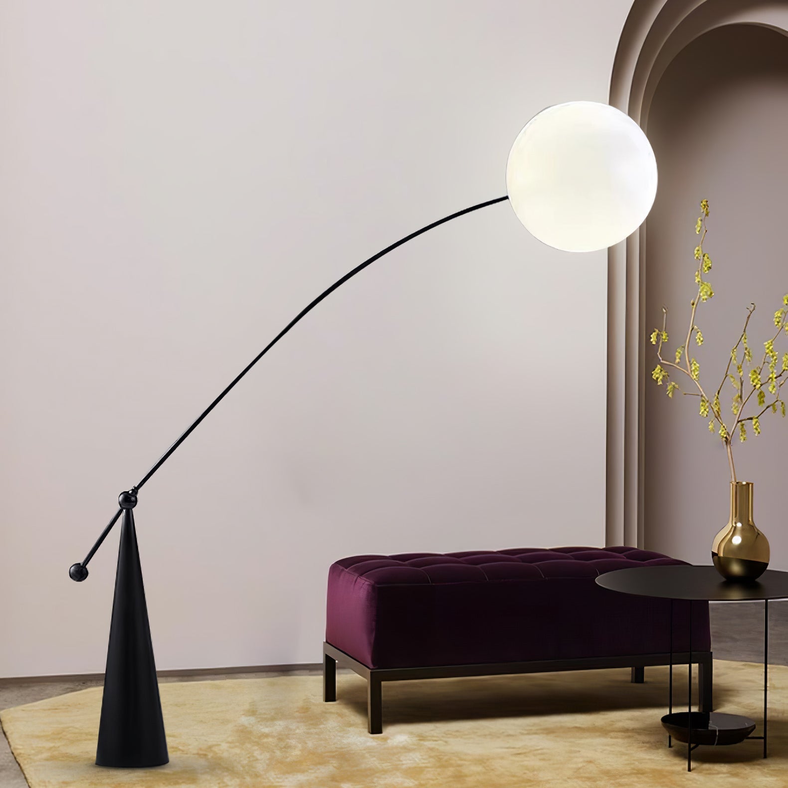 Lámpara de Pie Arco Opalina con Pantallas de Vidrio y Acabado Negro – Iluminación Interior 6