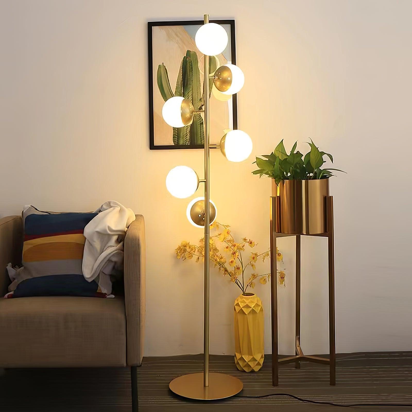 Lámpara de Pie LED Estilo Árbol con Pantallas de Vidrio Blanco y Base Dorada 2
