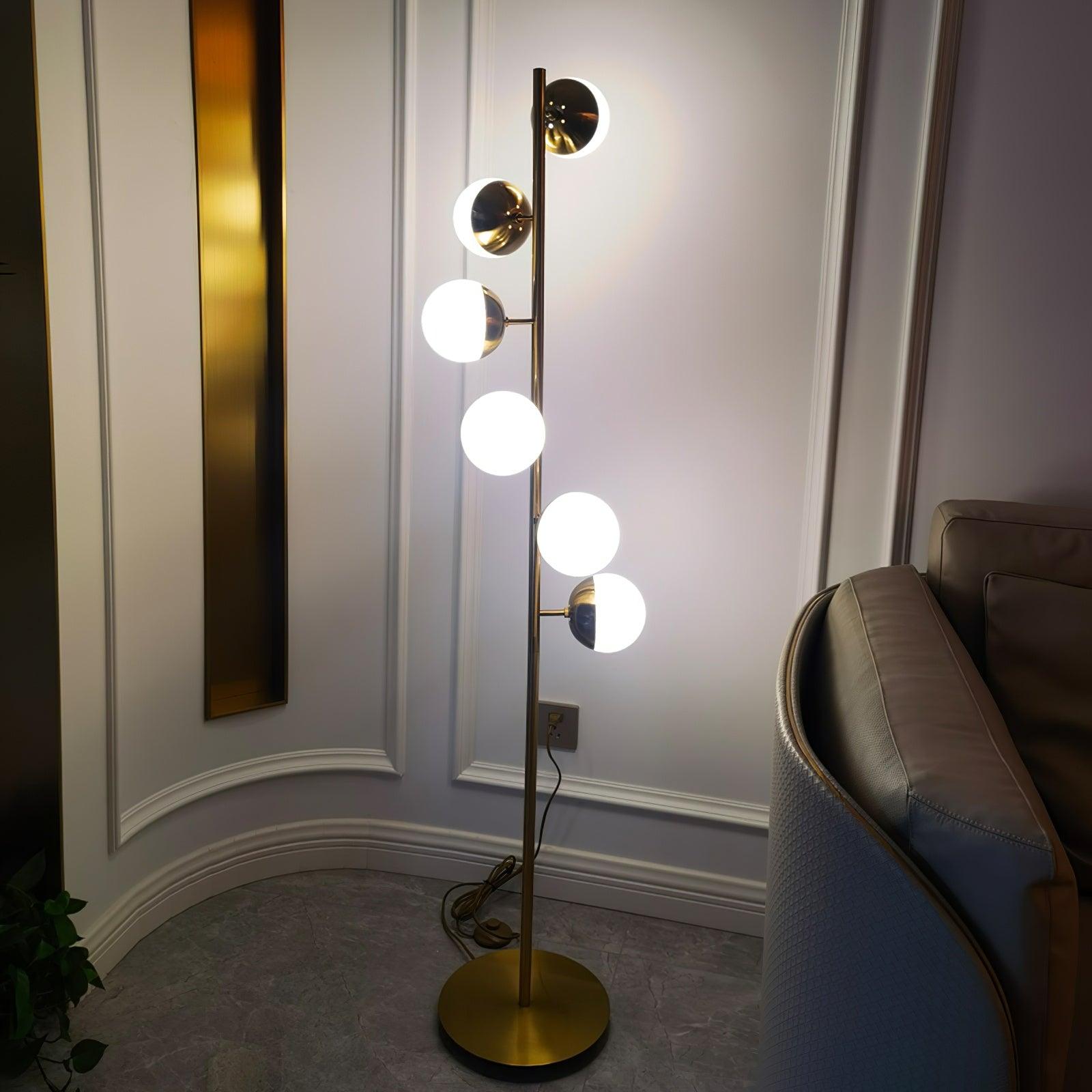 Lámpara de Pie LED Estilo Árbol con Pantallas de Vidrio Blanco y Base Dorada 9
