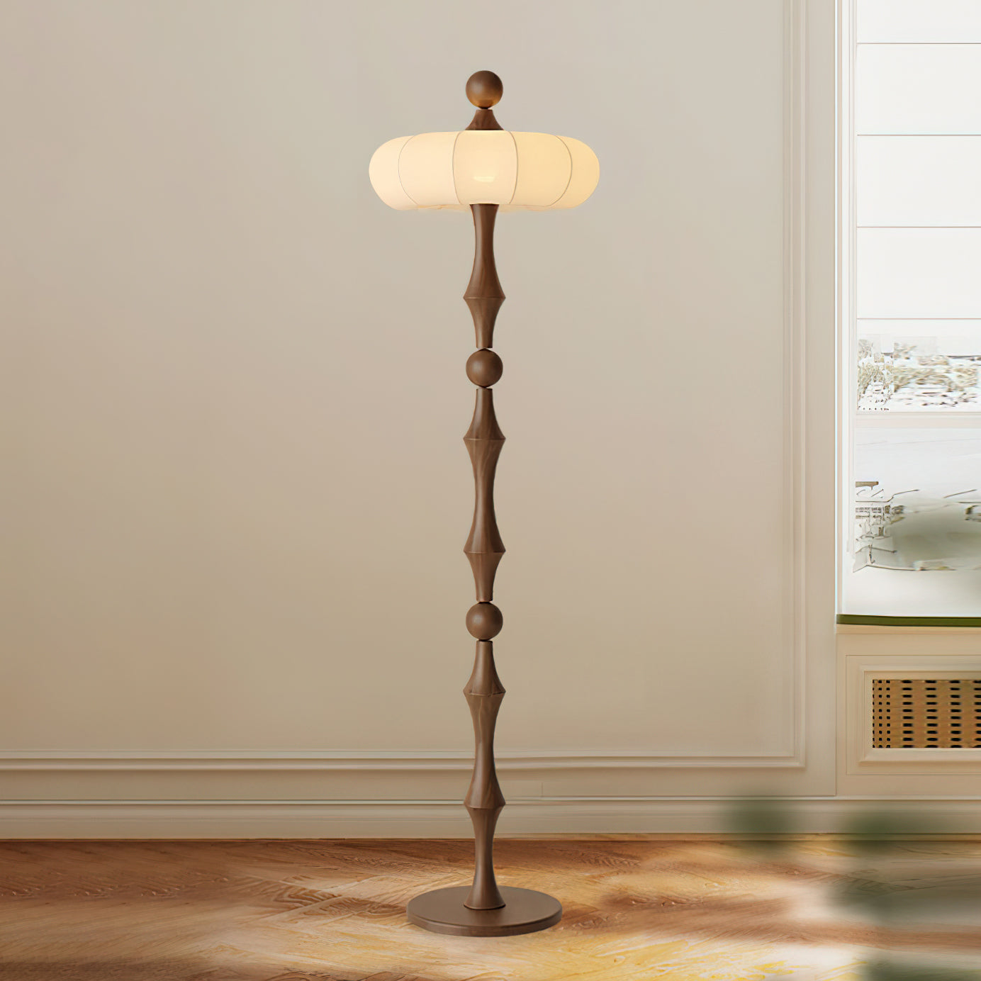 Lámpara de Pie Moderna con Diseño Escultural y Luz Suave – Color Madera y Blanco 0