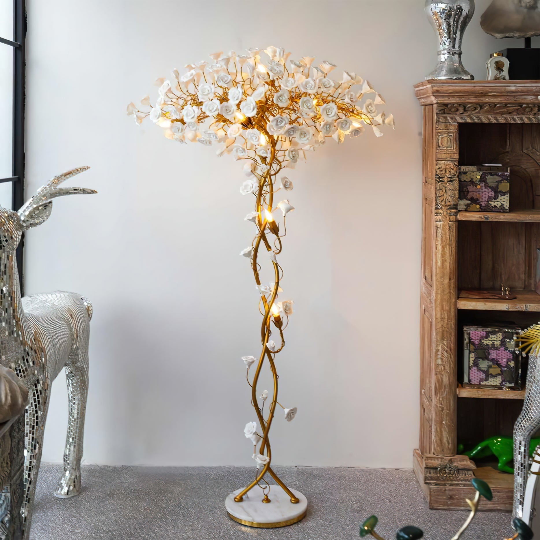 Lámpara de Pie Moderna de Cerámica con Diseño Floral para Salón - Base de Mármol, Compatible con LED y Bombillas Edison 2