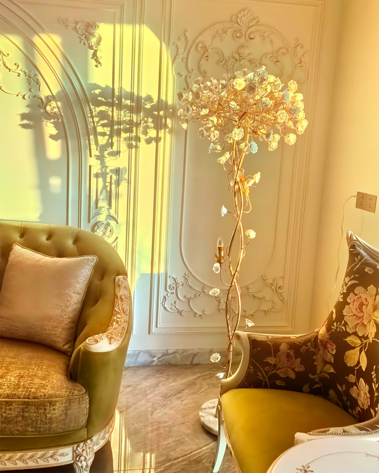 Lámpara de Pie Moderna de Cerámica con Diseño Floral para Salón - Base de Mármol, Compatible con LED y Bombillas Edison 7