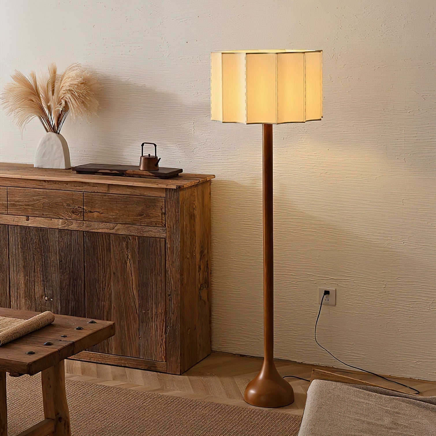 Lámpara de Pie Moderna de Madera con Pantalla Beige para Salón – Diseño Contemporáneo y Iluminación Acogedora 2