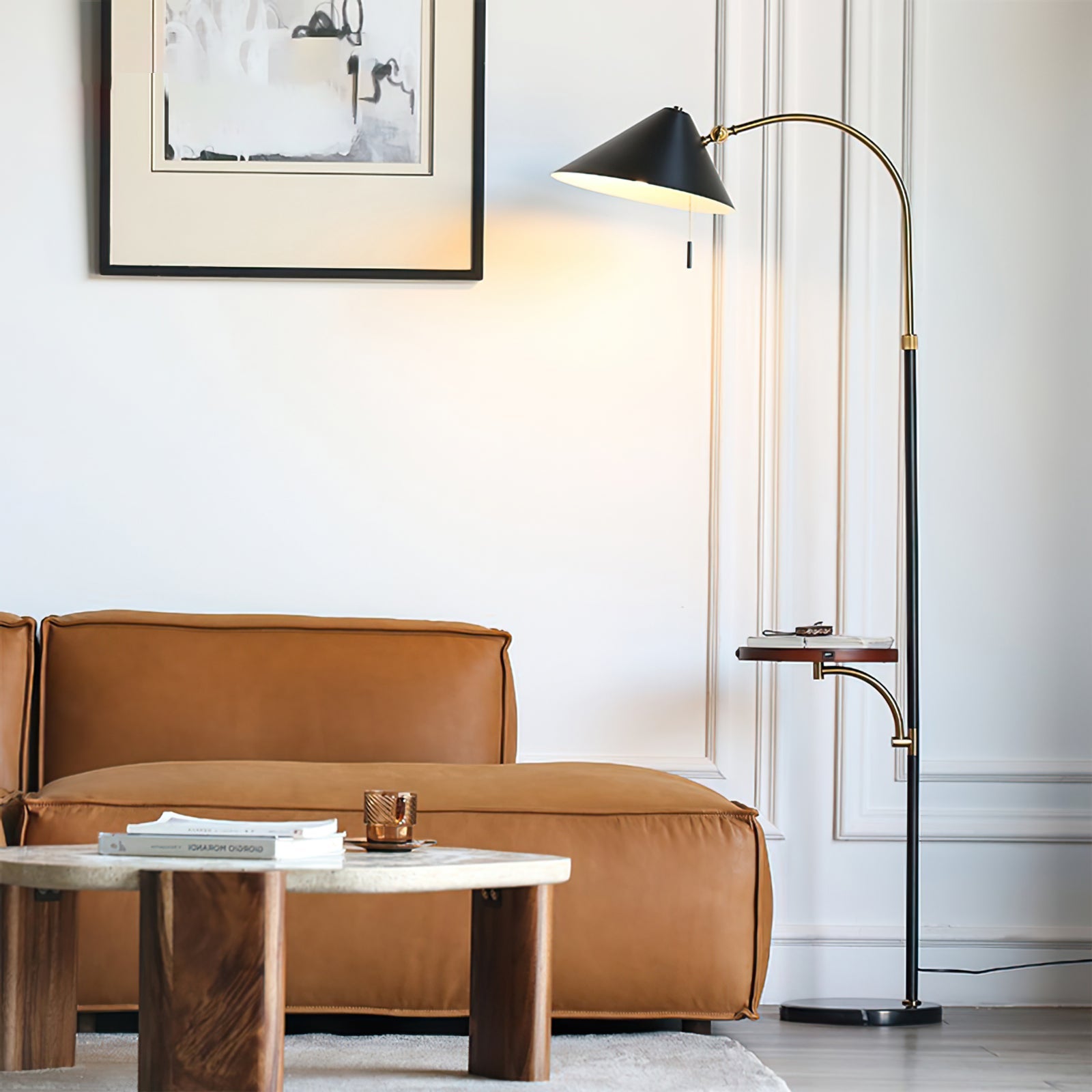 Lámpara de Pie Moderna de Madera y Metal con Bandeja - Lámpara de Pie Negra para Salón y Espacios Interiores 1