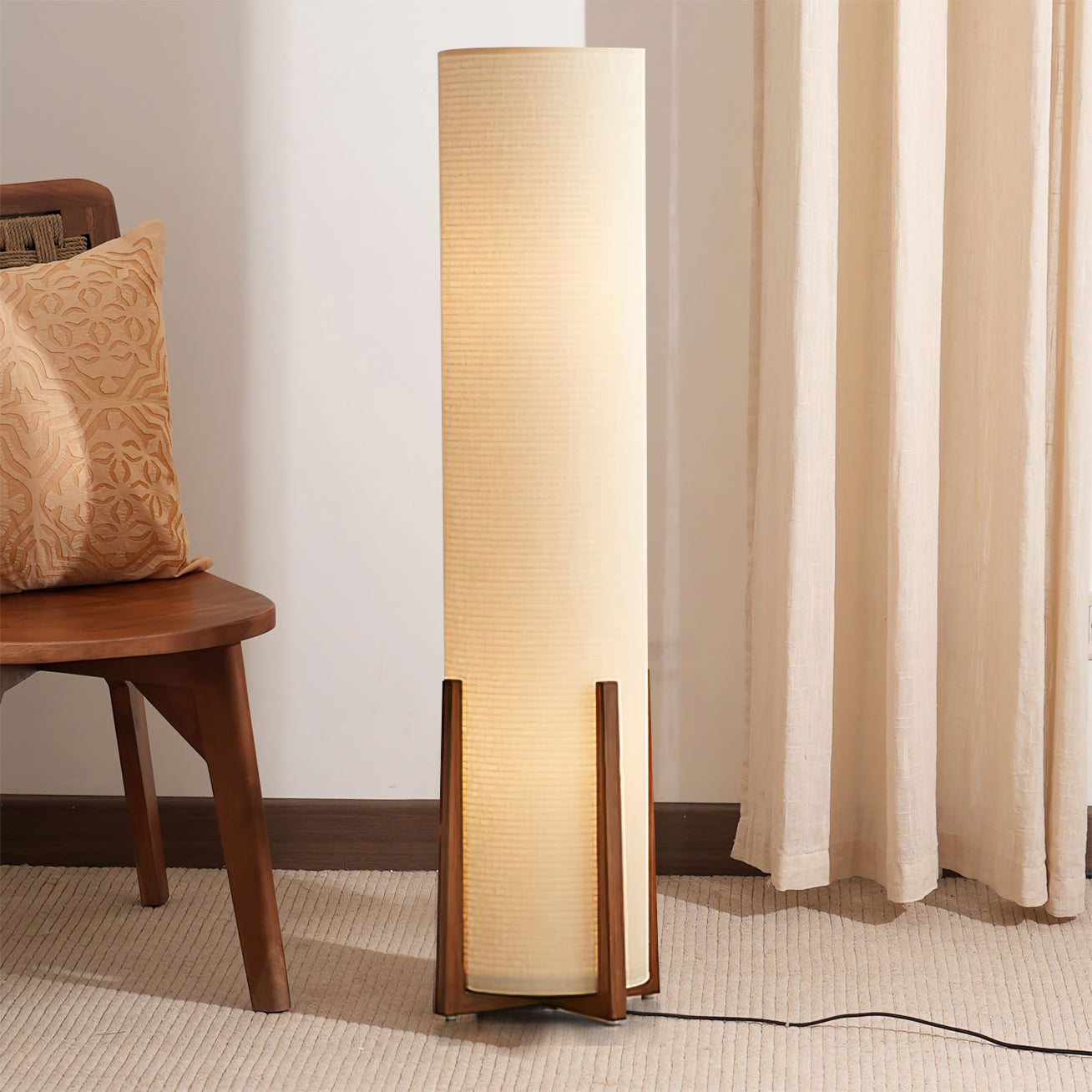 Lámpara de Pie Moderna de Tela con Estructura de Madera para Salón - Diseño Acogedor y Elegante 4