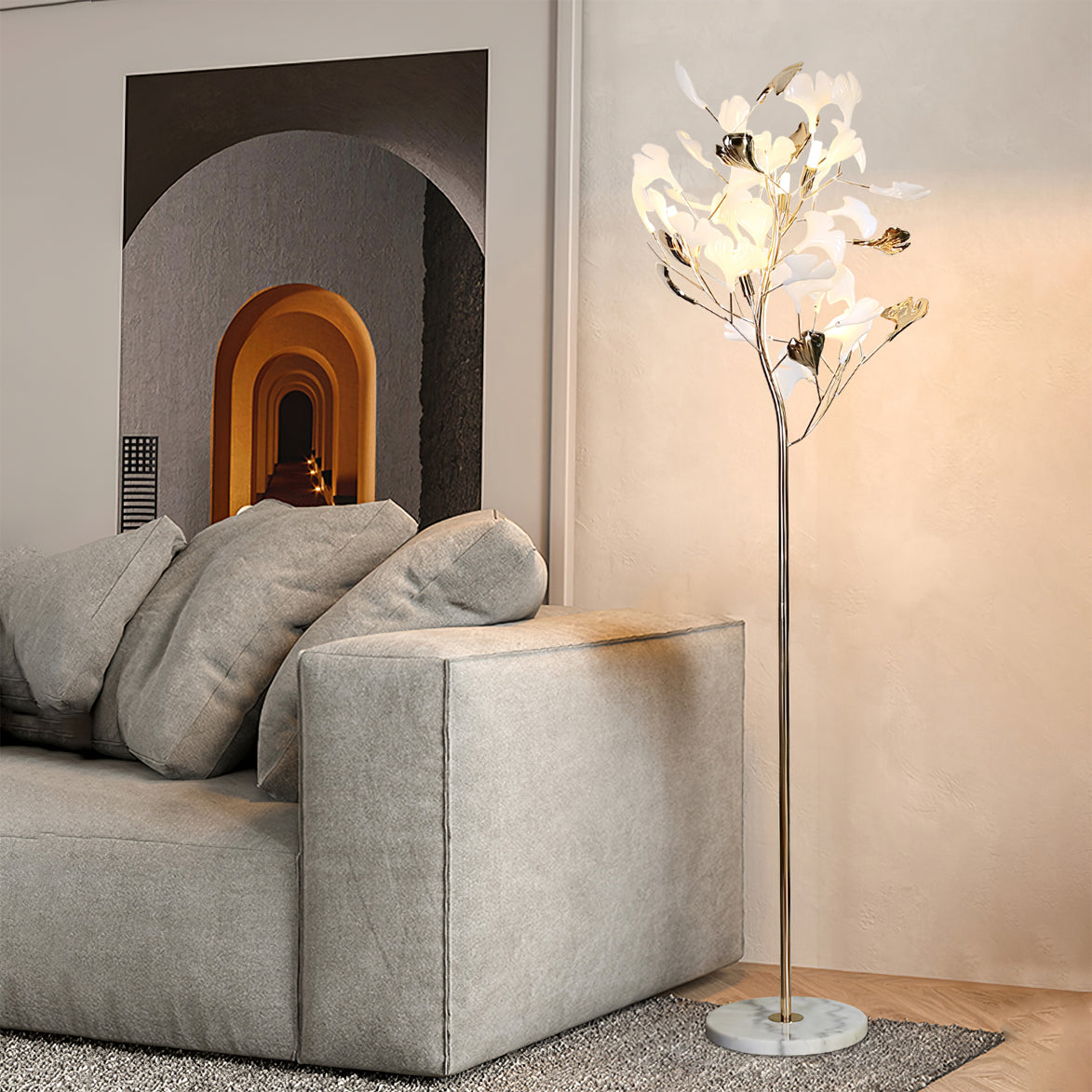 Lámpara de Pie con Diseño de Hoja de Ginkgo en Acabado Dorado y Blanco – Elegante Lámpara de Estilo Mid Century 2