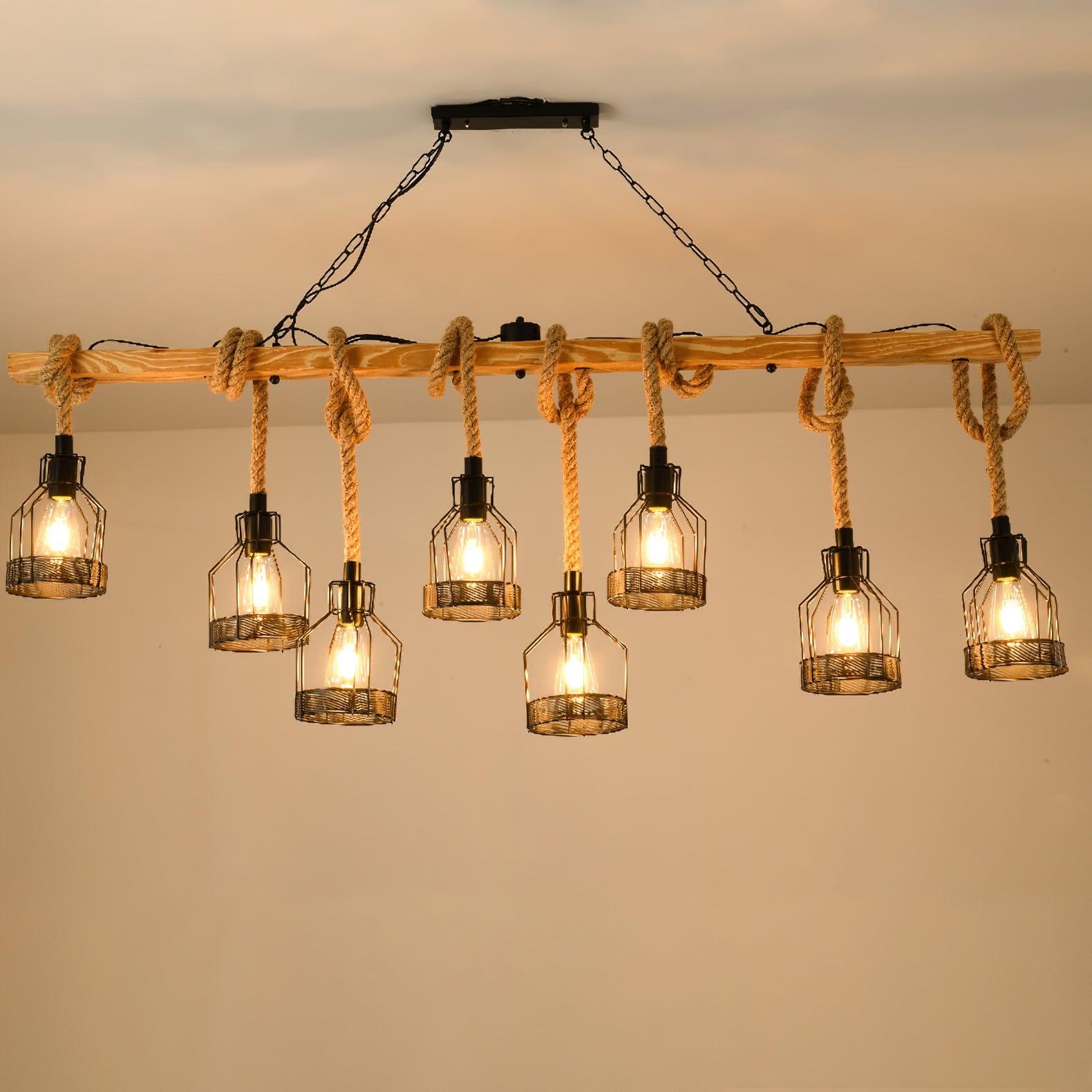 Lámpara de Techo Industrial de Cuerda de Cáñamo con 5 o 8 Luces – Chandelier Ecológico y Elegante 9