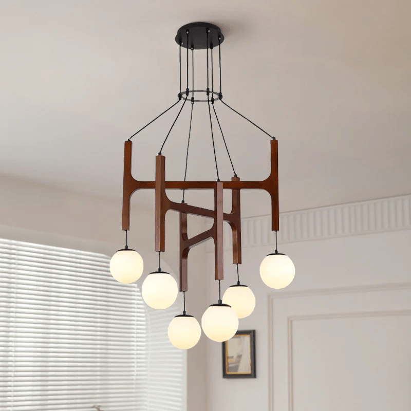 Lámpara de Techo Moderna Lunna Orb de Madera y Vidrio con 6 Esferas de Luz, Ideal para Iluminación Interior 3