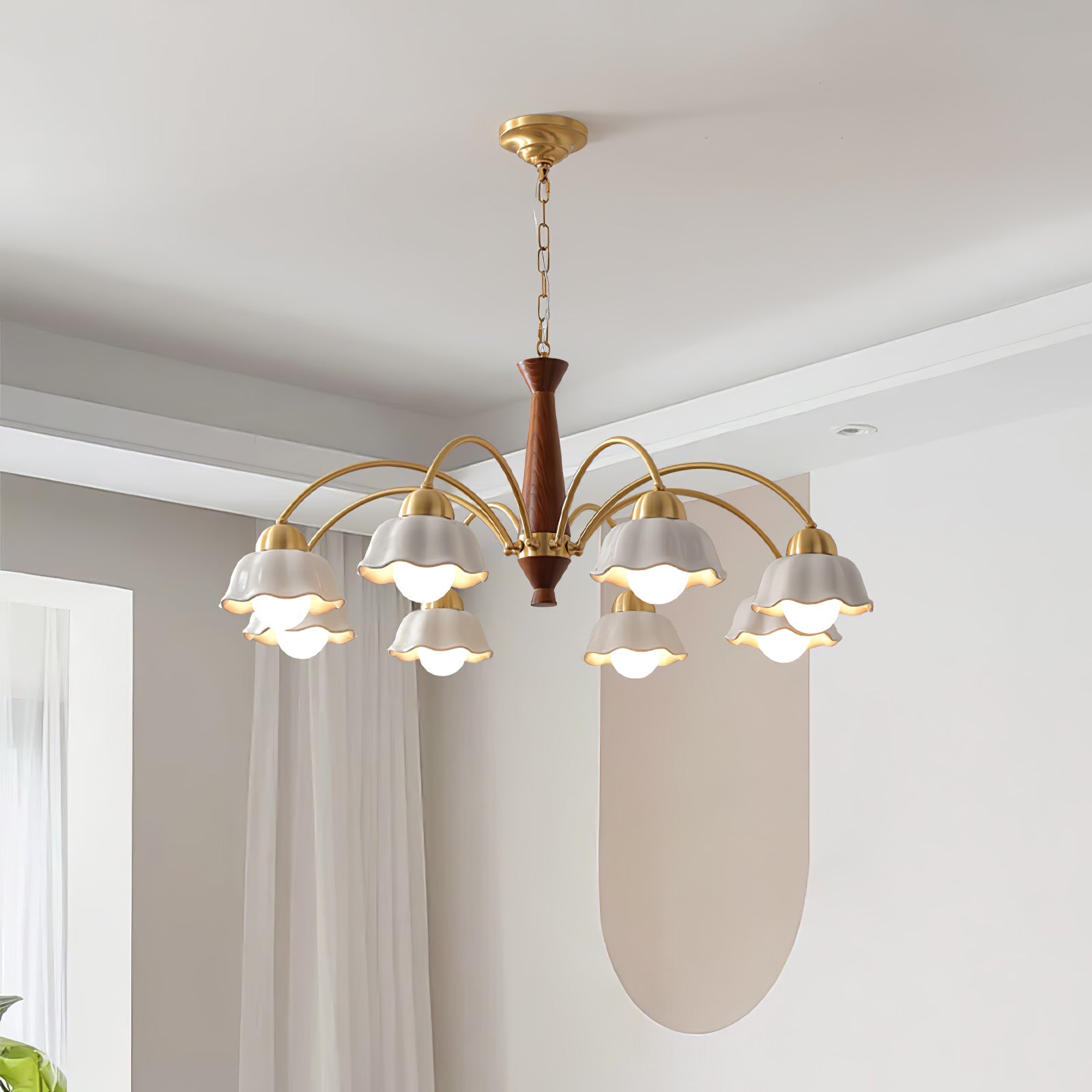Lámpara de Techo Moderna de Latón con Cerámica Opalina y Madera, Estilo Escandinavo, Compatible con Bombillas LED 2