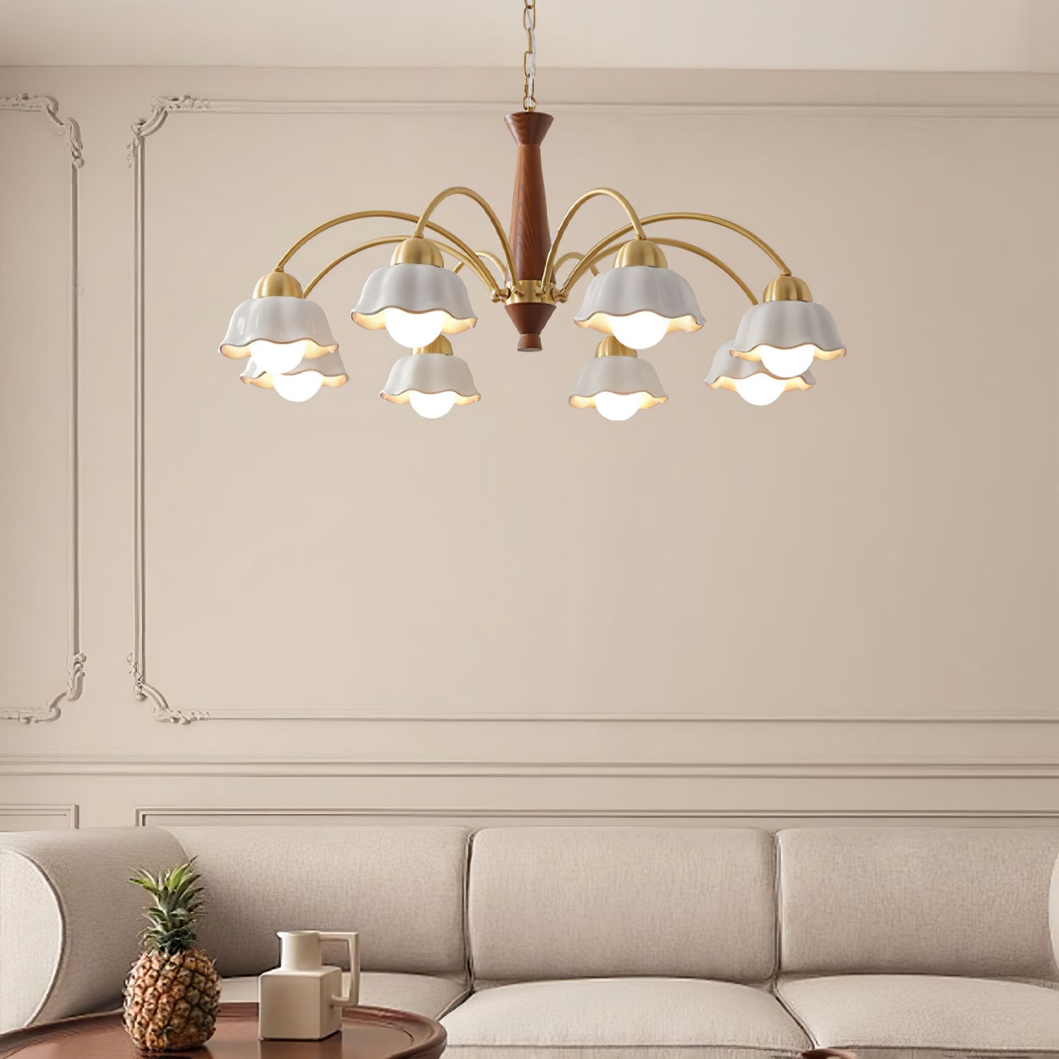 Lámpara de Techo Moderna de Latón con Cerámica Opalina y Madera, Estilo Escandinavo, Compatible con Bombillas LED 3