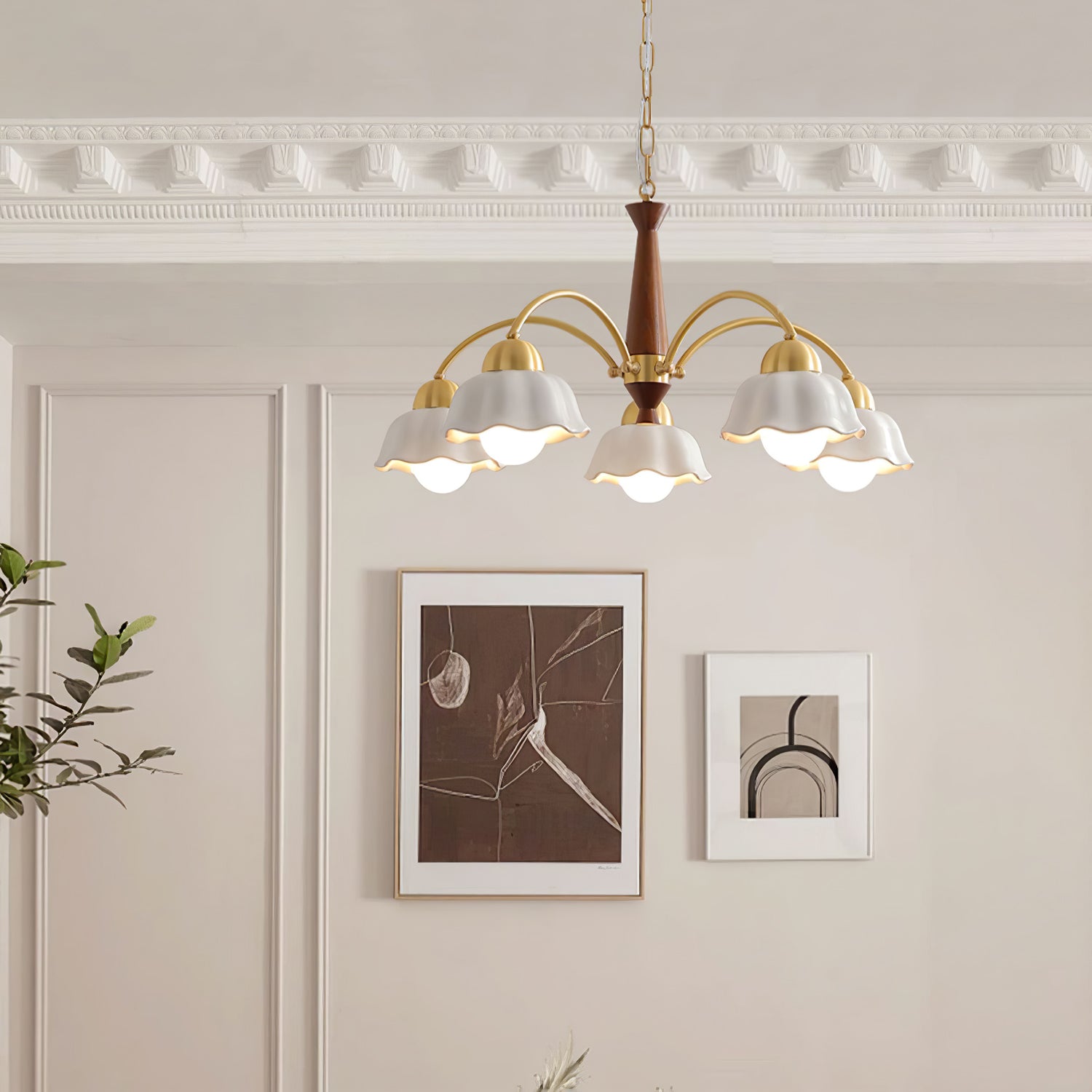 Lámpara de Techo Moderna de Latón con Cerámica Opalina y Madera, Estilo Escandinavo, Compatible con Bombillas LED 5