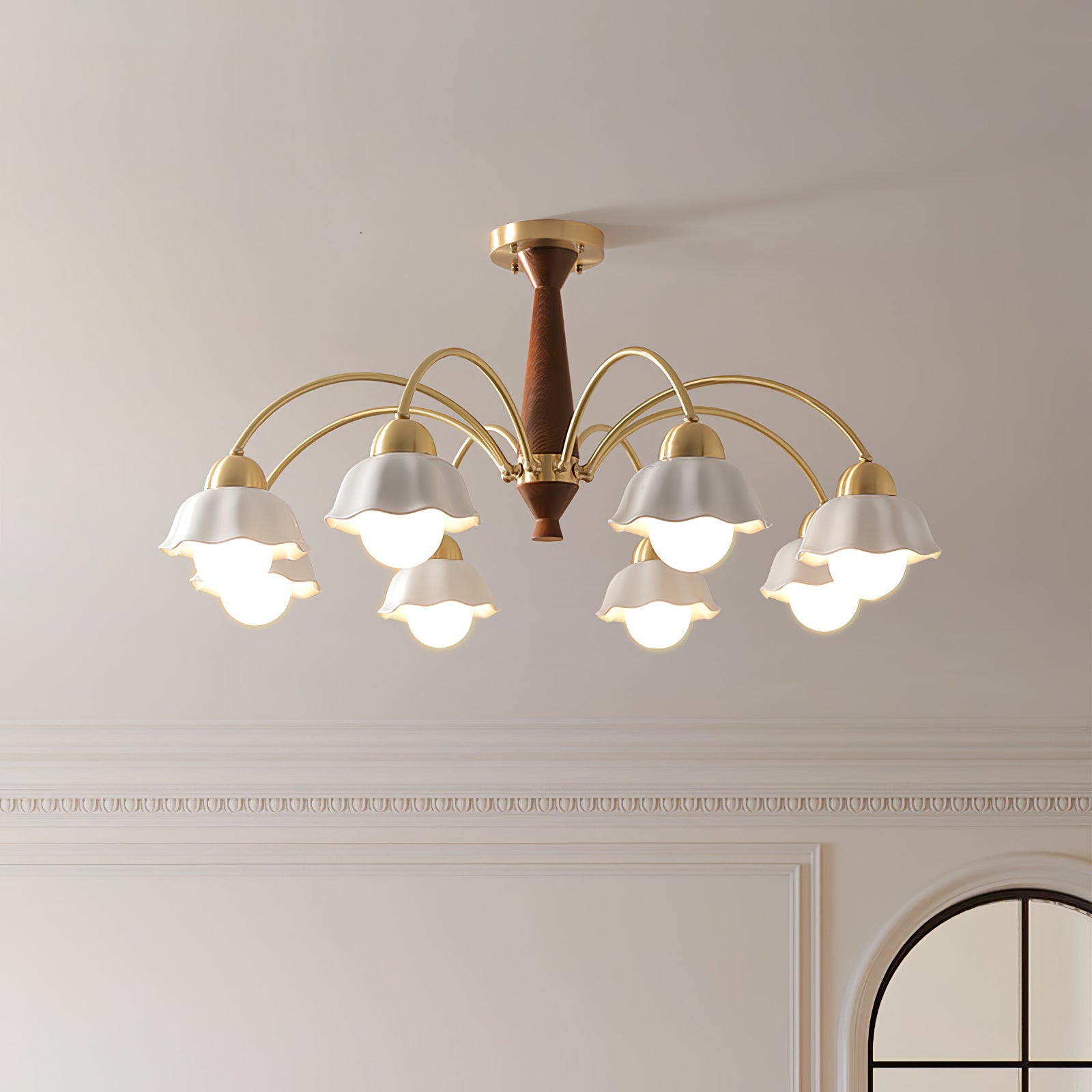 Lámpara de Techo Moderna de Latón con Cerámica Opalina y Madera, Estilo Escandinavo, Compatible con Bombillas LED 6