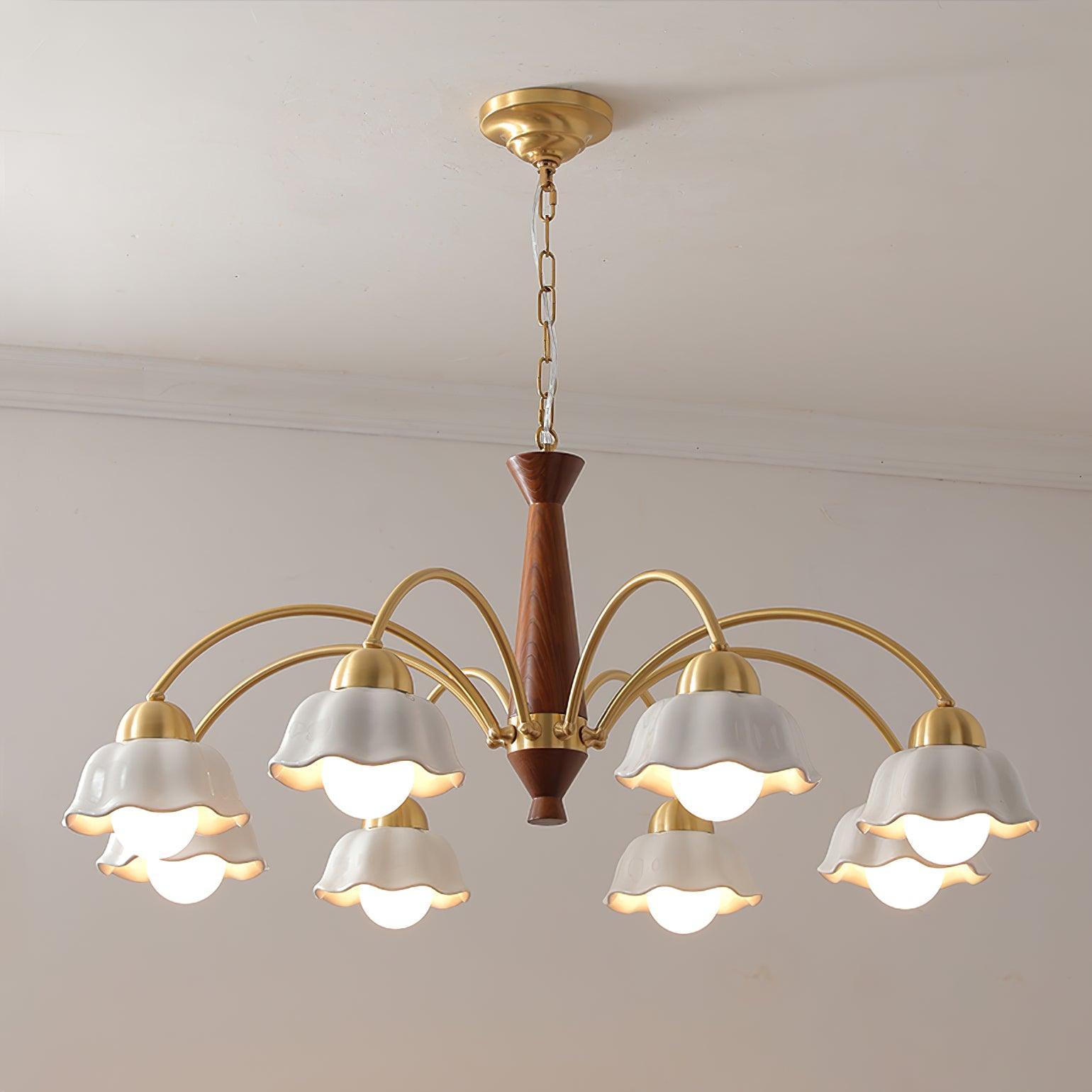 Lámpara de Techo Moderna de Latón con Cerámica Opalina y Madera, Estilo Escandinavo, Compatible con Bombillas LED 7