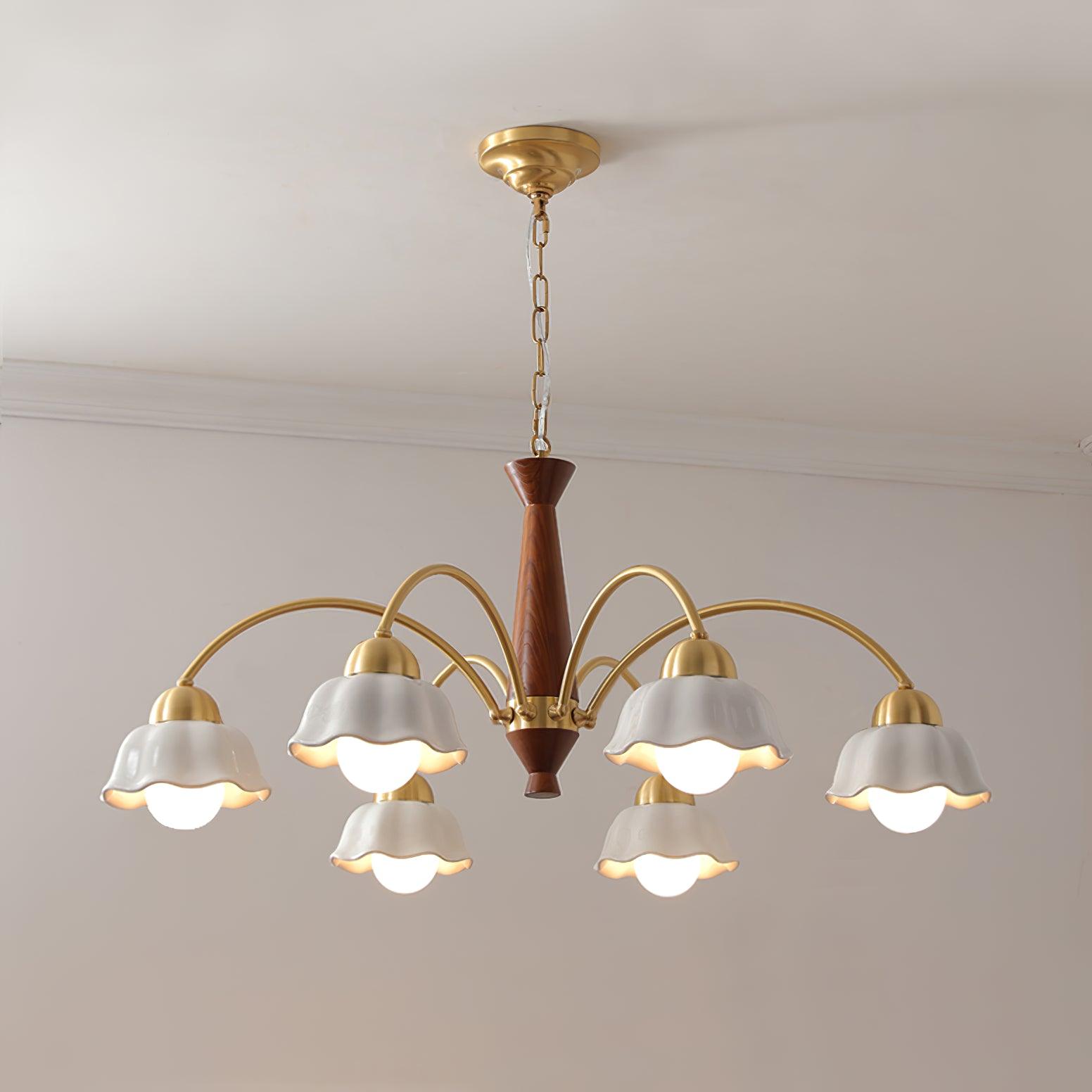 Lámpara de Techo Moderna de Latón con Cerámica Opalina y Madera, Estilo Escandinavo, Compatible con Bombillas LED 8