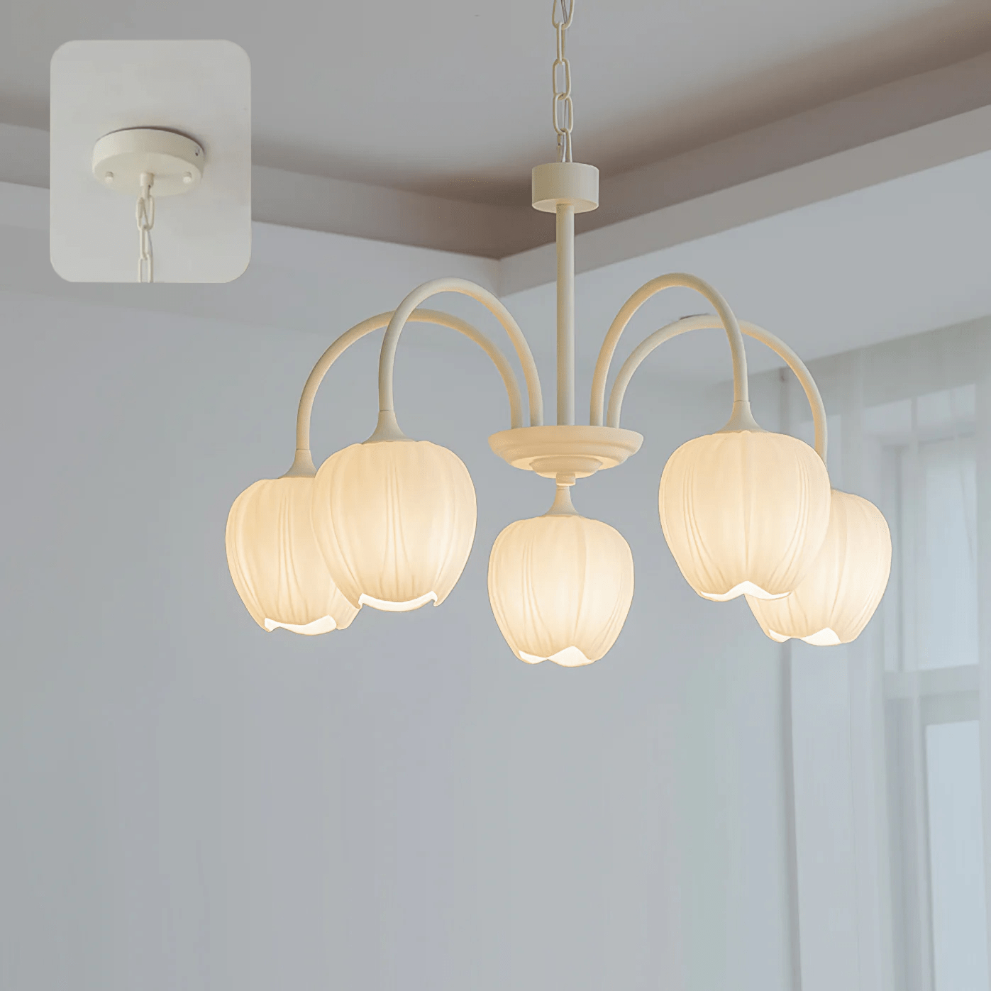 Lámpara de Techo Tulip Matcha con Pantalla de Vidrio Blanco y Estilo Moderno – Disponible en 5, 6 y 8 Luces 11