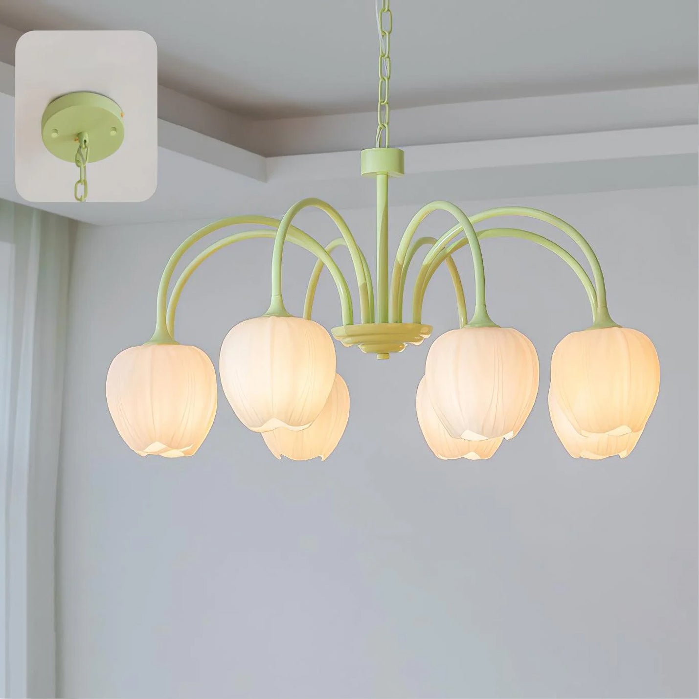 Lámpara de Techo Tulip Matcha con Pantalla de Vidrio Blanco y Estilo Moderno – Disponible en 5, 6 y 8 Luces 13