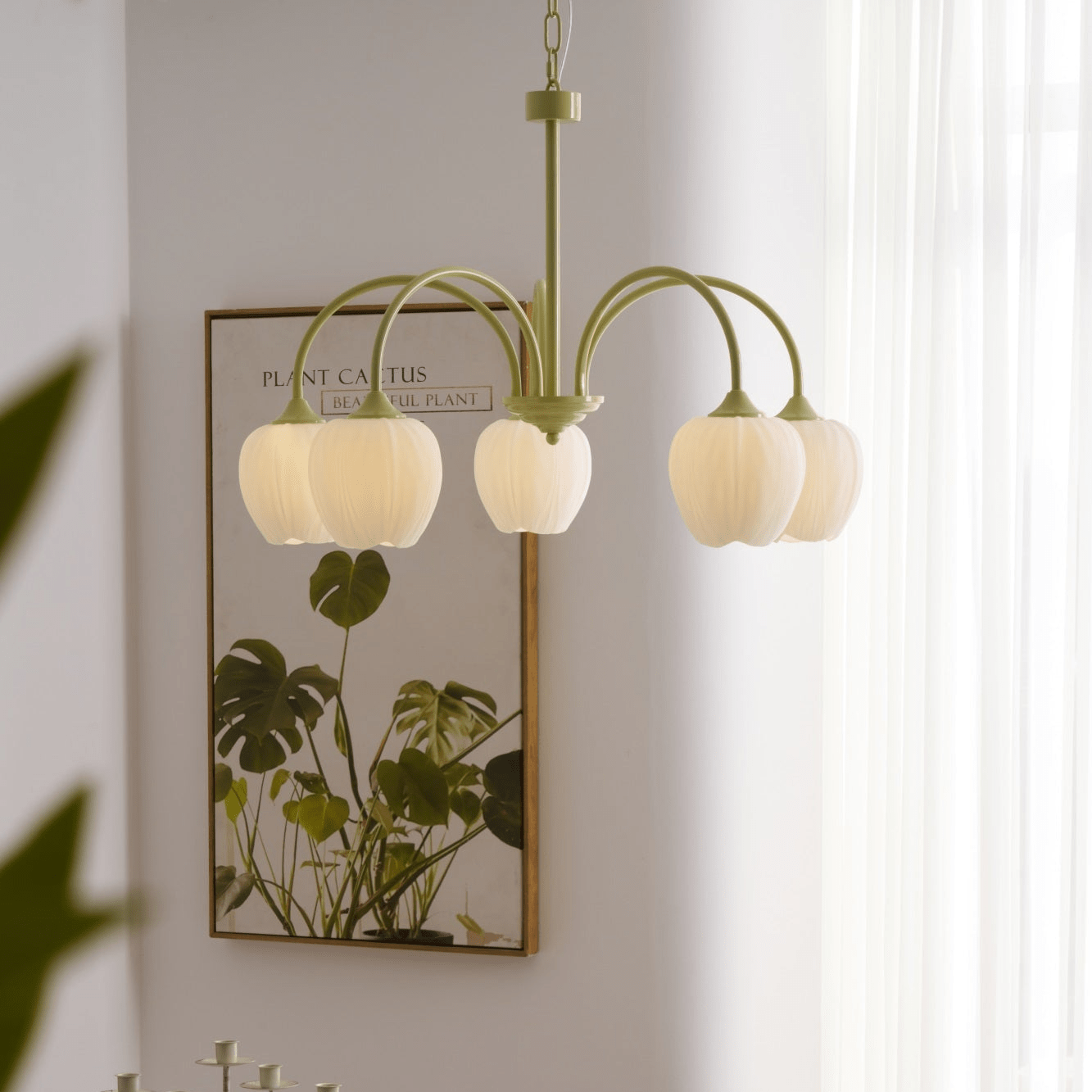 Lámpara de Techo Tulip Matcha con Pantalla de Vidrio Blanco y Estilo Moderno – Disponible en 5, 6 y 8 Luces 3
