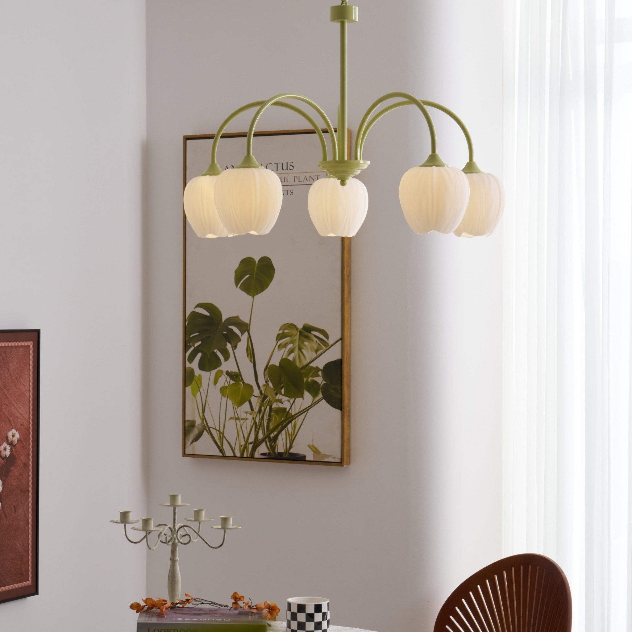 Lámpara de Techo Tulip Matcha con Pantalla de Vidrio Blanco y Estilo Moderno – Disponible en 5, 6 y 8 Luces 7