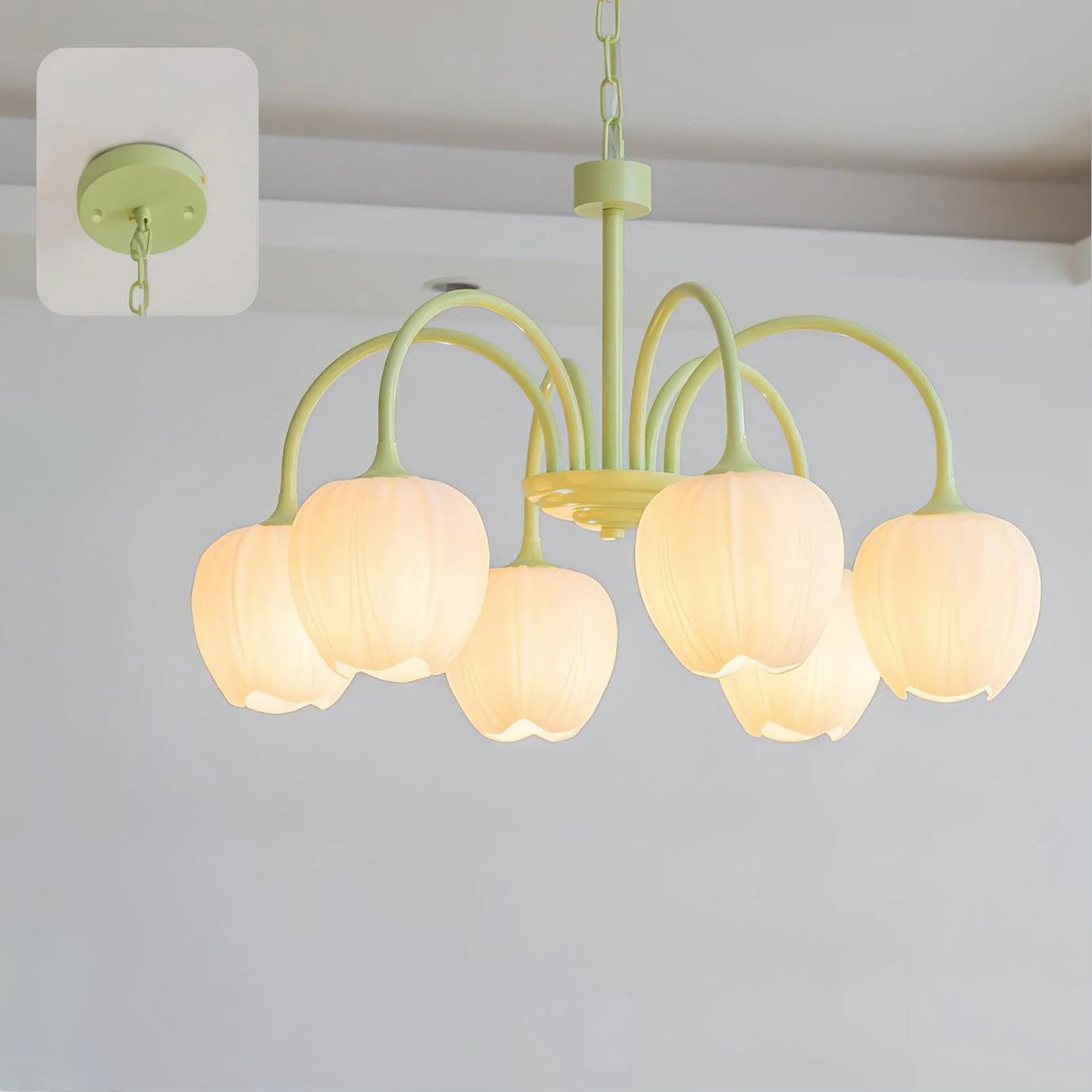 Lámpara de Techo Tulip Matcha con Pantalla de Vidrio Blanco y Estilo Moderno – Disponible en 5, 6 y 8 Luces 9
