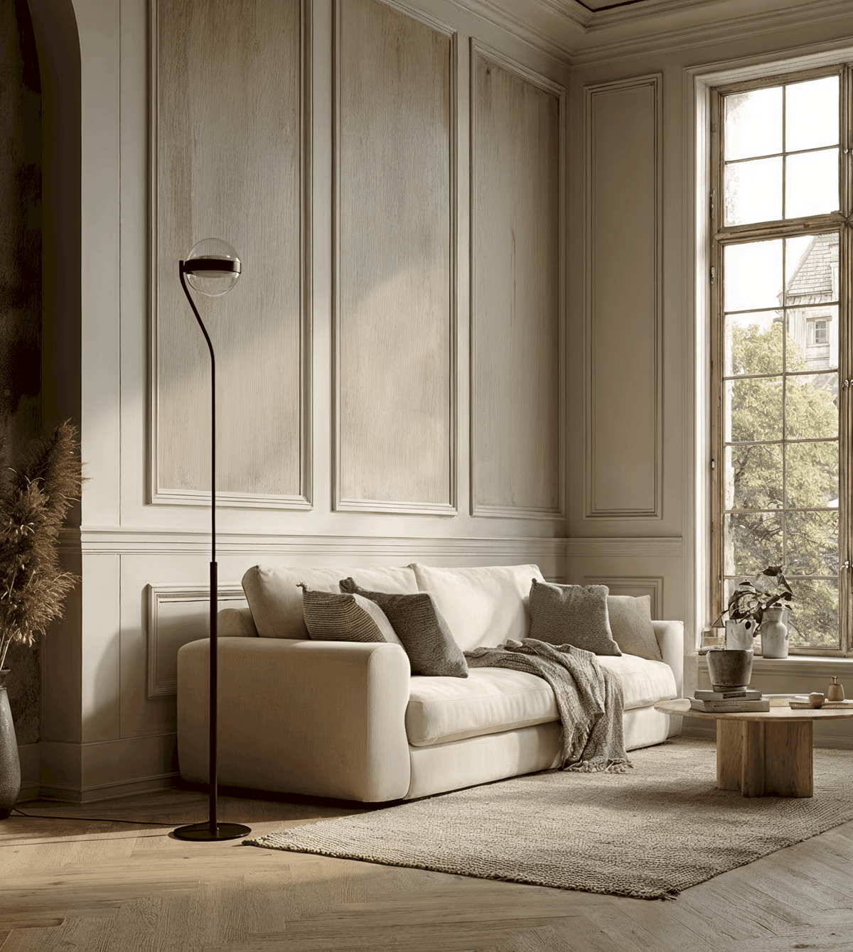 Lámpara de pie LED Rinela junto al sofá – imagen 8