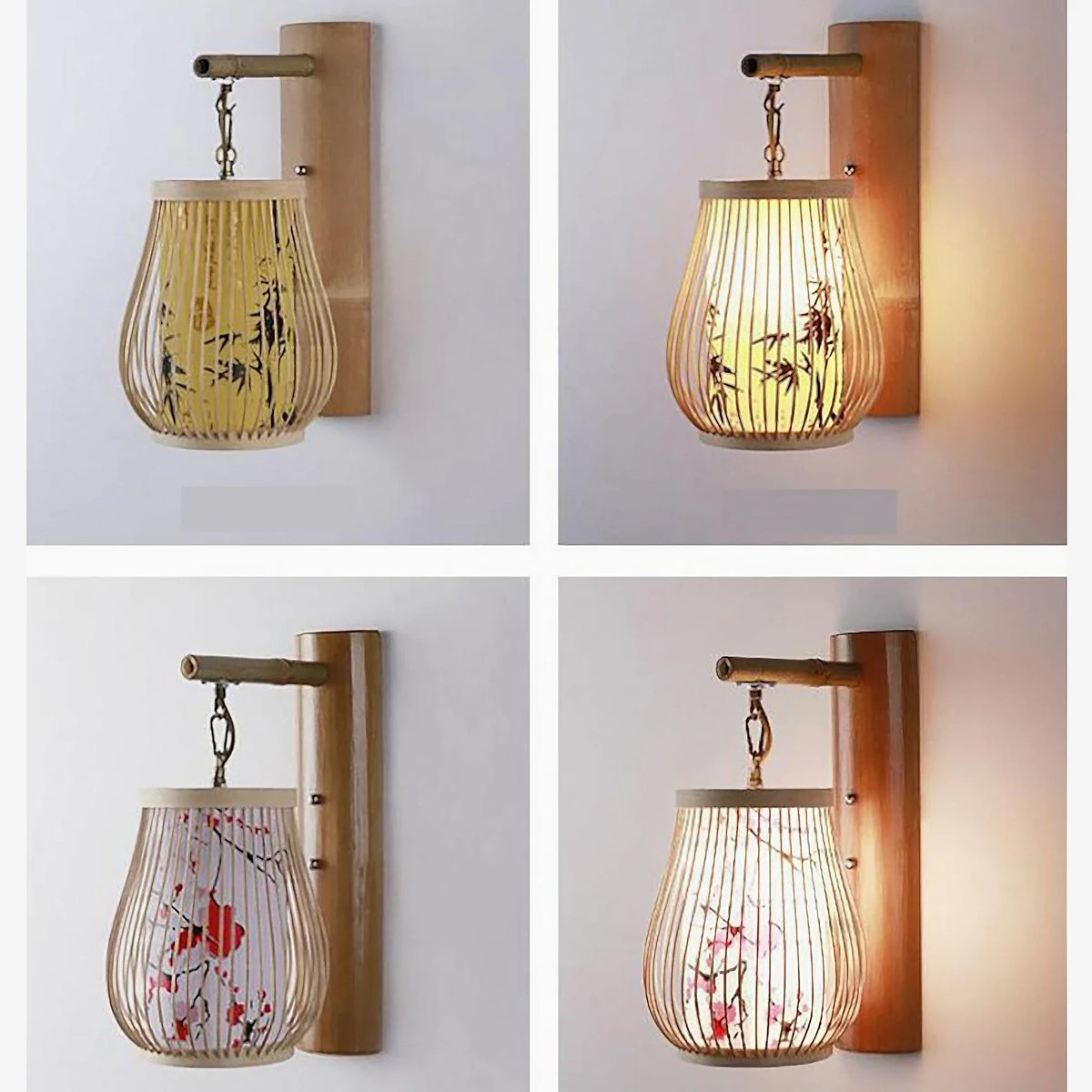 Aplique de pared farol de bambú Wambura – ambas versiones encendidas y apagadas