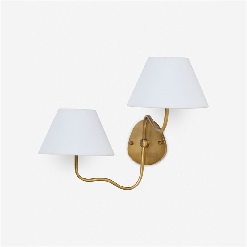 Aplique de pared Mareta – 2 luces, brazo a la izquierda, latón natural, pantalla blanca