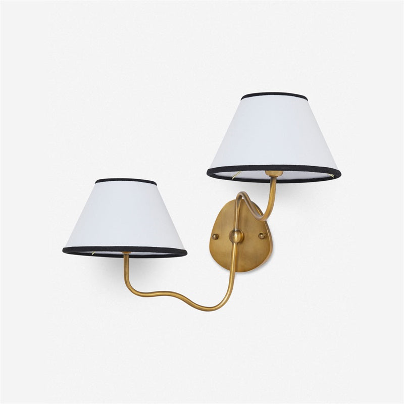 Aplique de pared Mareta – 2 luces, brazo a la izquierda, latón natural, pantalla blanca con ribete negro