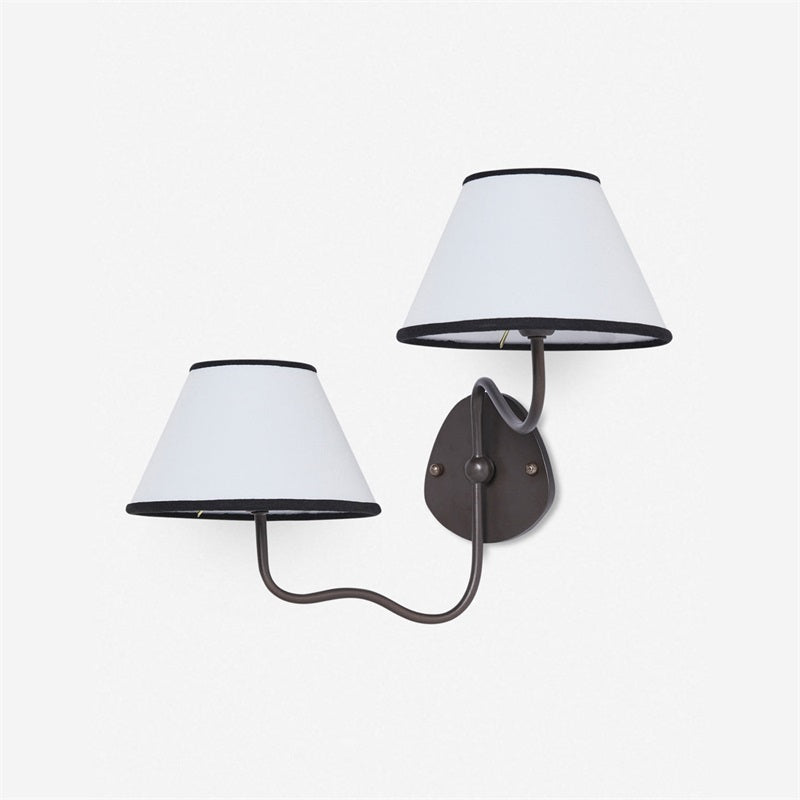Aplique de pared Mareta – 2 luces, brazo a la izquierda, negro, pantalla blanca con ribete negro