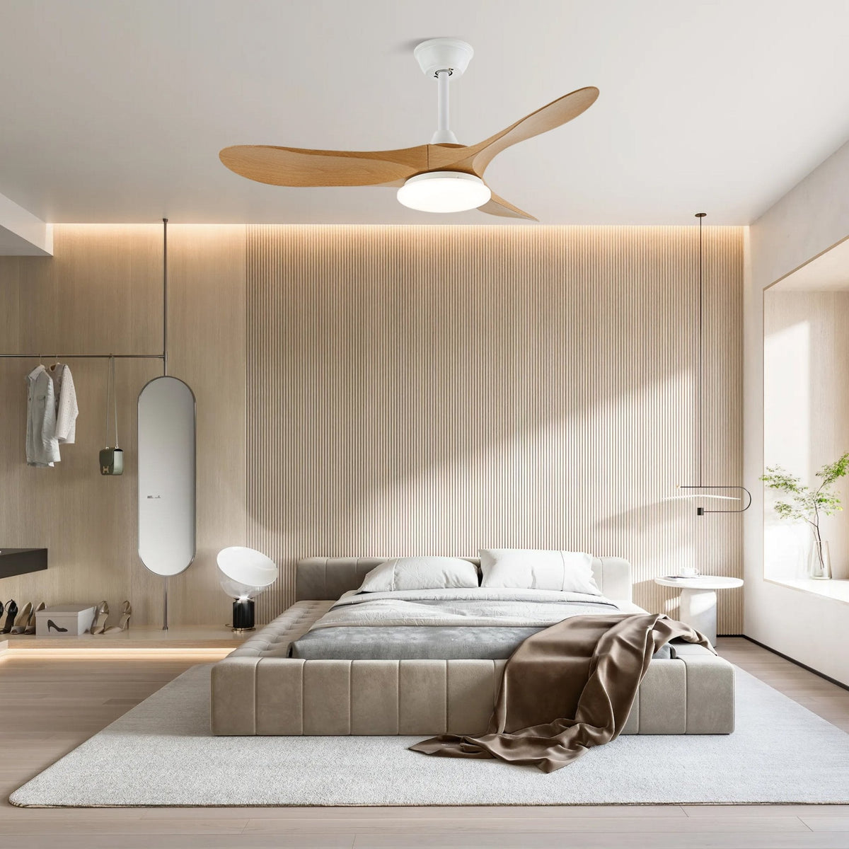 Ventilador de techo con luz Tilara en un salón natural – imagen 12