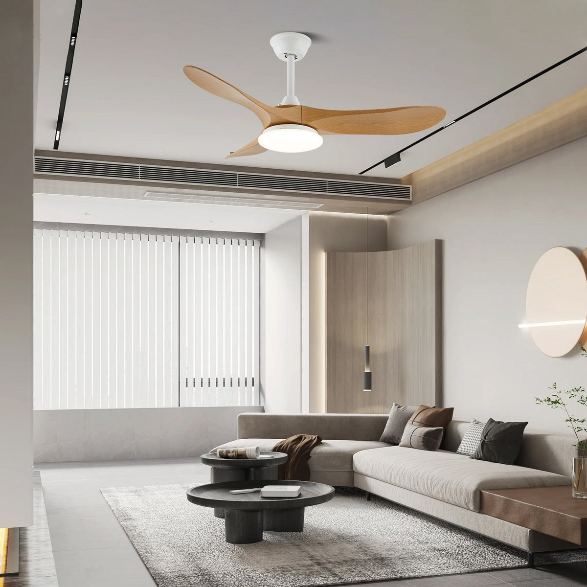 Ventilador de techo con luz Tilara en un salón natural – imagen 11