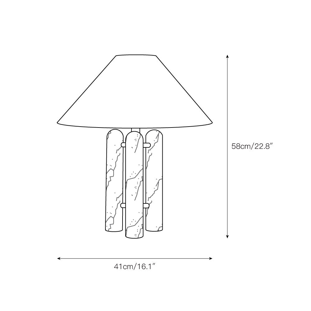 Lámpara de mesa de mármol Tribela – dibujo con sus medidas de 41 cm de diámetro y 58 cm de alto