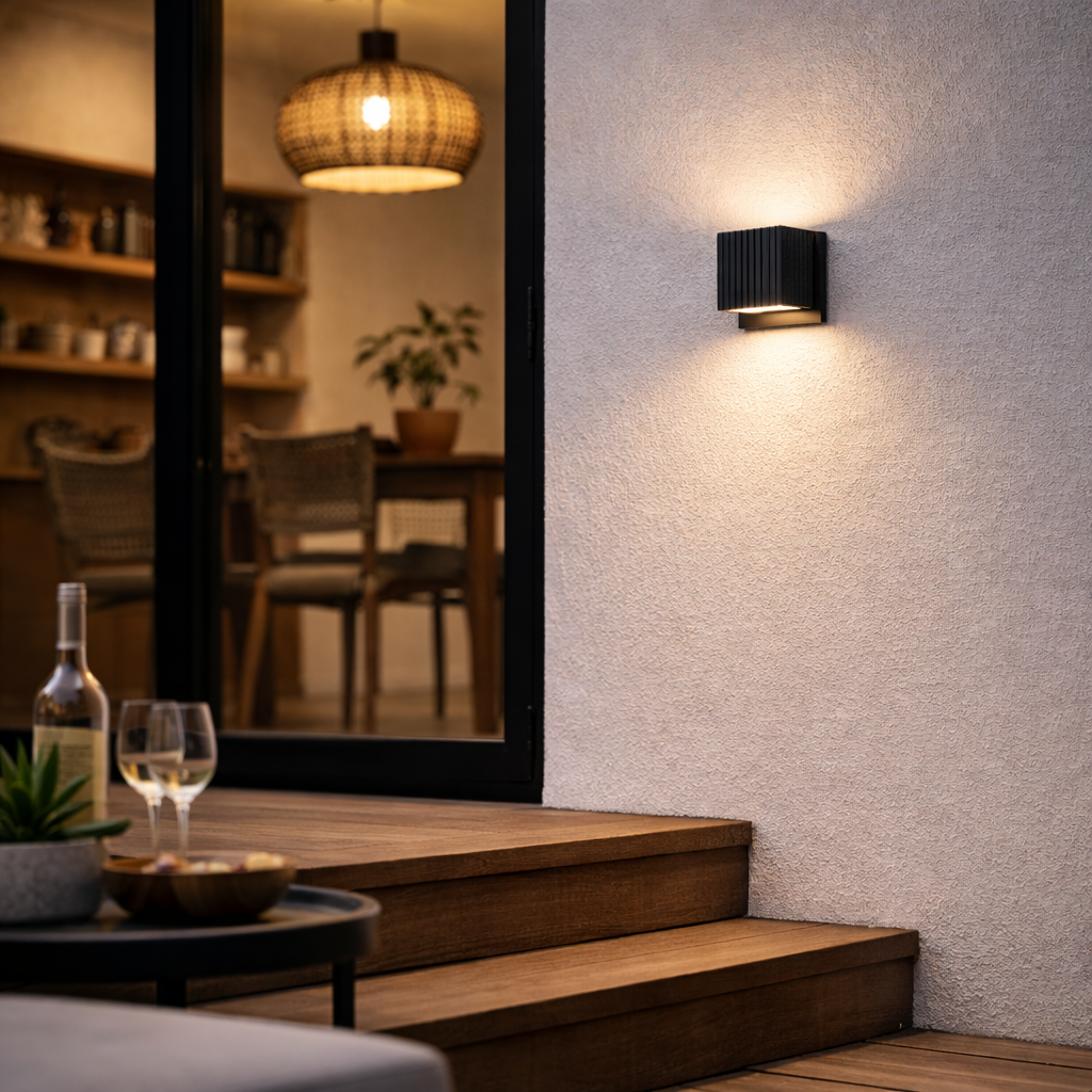 Aplique de pared exterior LED Surquela en una fachada moderna – imagen 3