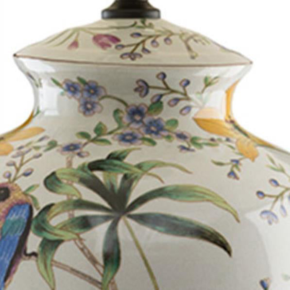 Lámpara de mesa de cerámica Garcela con flores y pájaros – detalle de la cerámica pintada