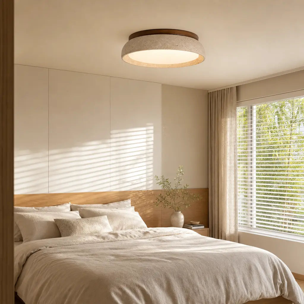 Plafón LED de travertino Lajara en un dormitorio nórdico – imagen 9