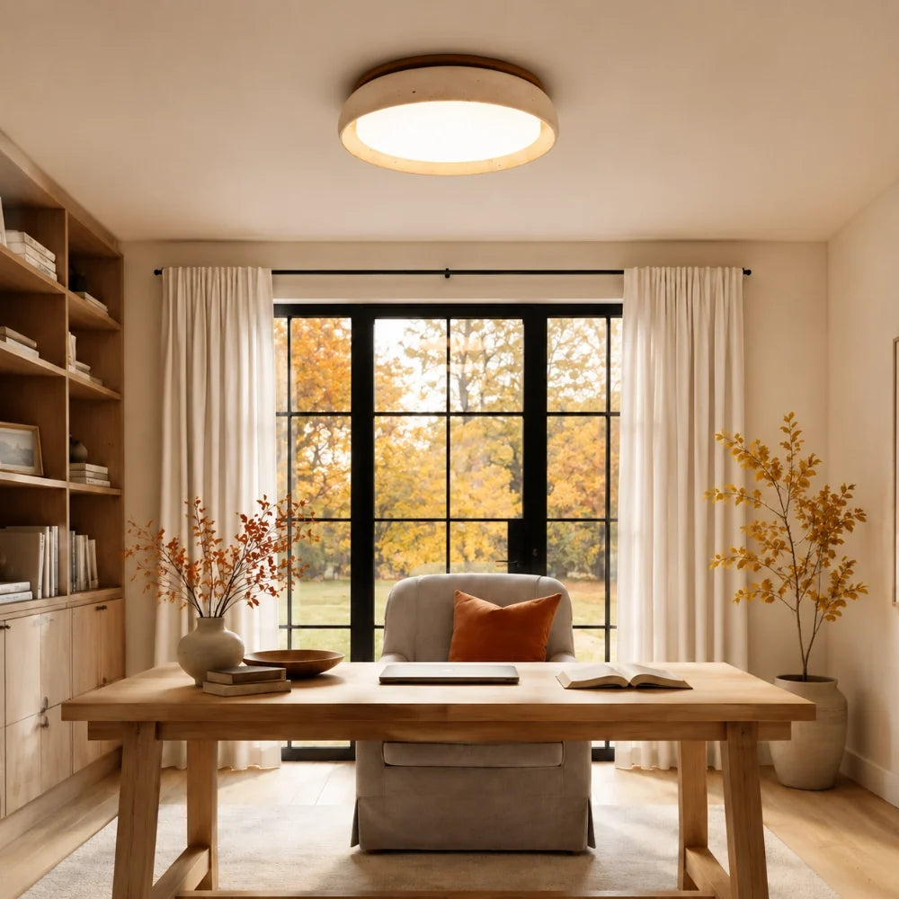 Plafón LED de travertino Lajara en un dormitorio nórdico – imagen 3