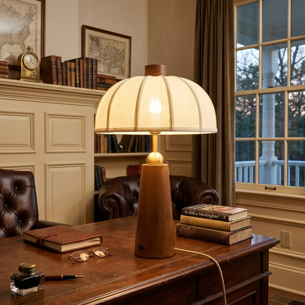 Lámpara de mesa de madera Toldina – encendida sobre un escritorio de madera