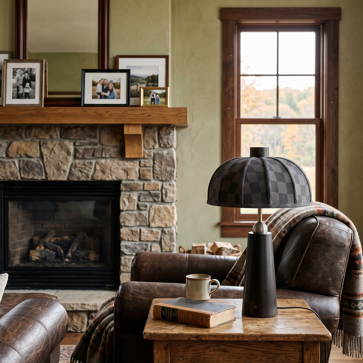Lámpara de mesa de madera Toldina – negra en un salón con chimenea