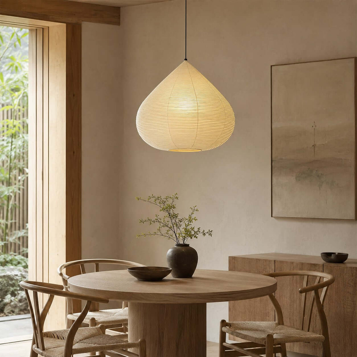 Lámpara colgante de papel Gotalia en un comedor de estilo japandi – imagen 9