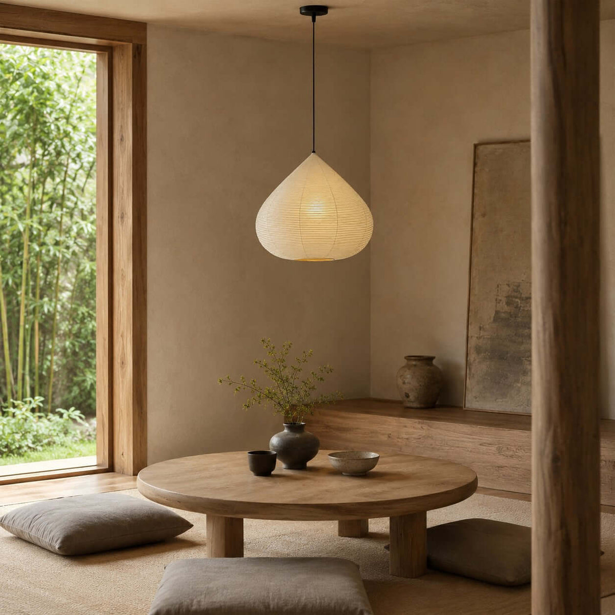 Lámpara colgante de papel Gotalia en un comedor de estilo japandi – imagen 10